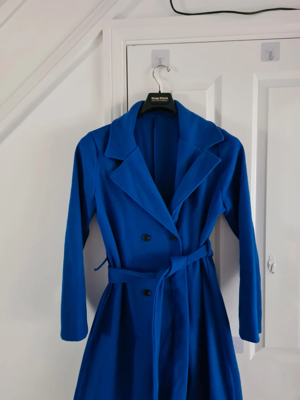 Shein women blue basic long coat double breasted belted winter outfit casual L/12
