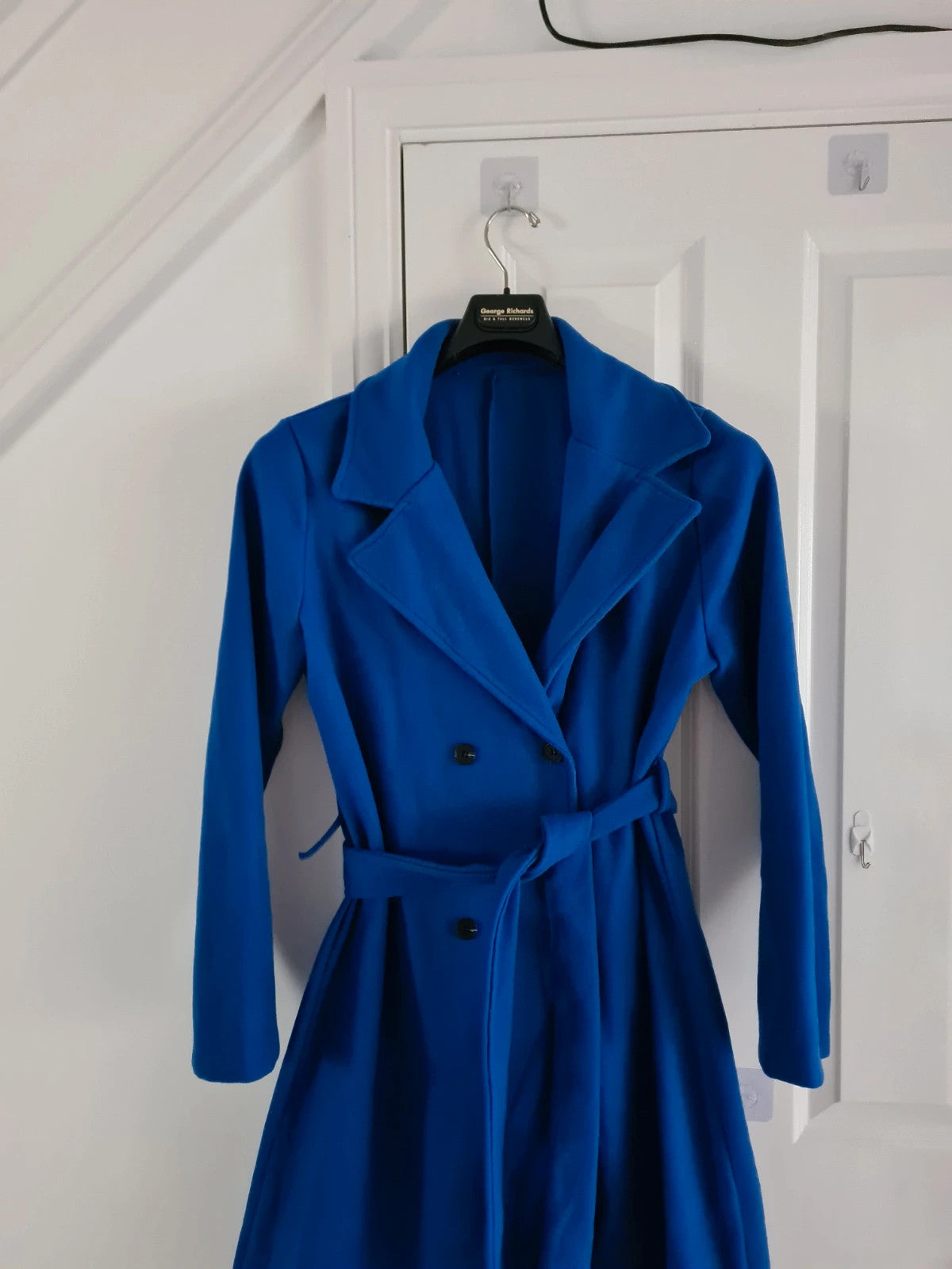 Shein women blue basic long coat double breasted belted winter outfit casual L/12
