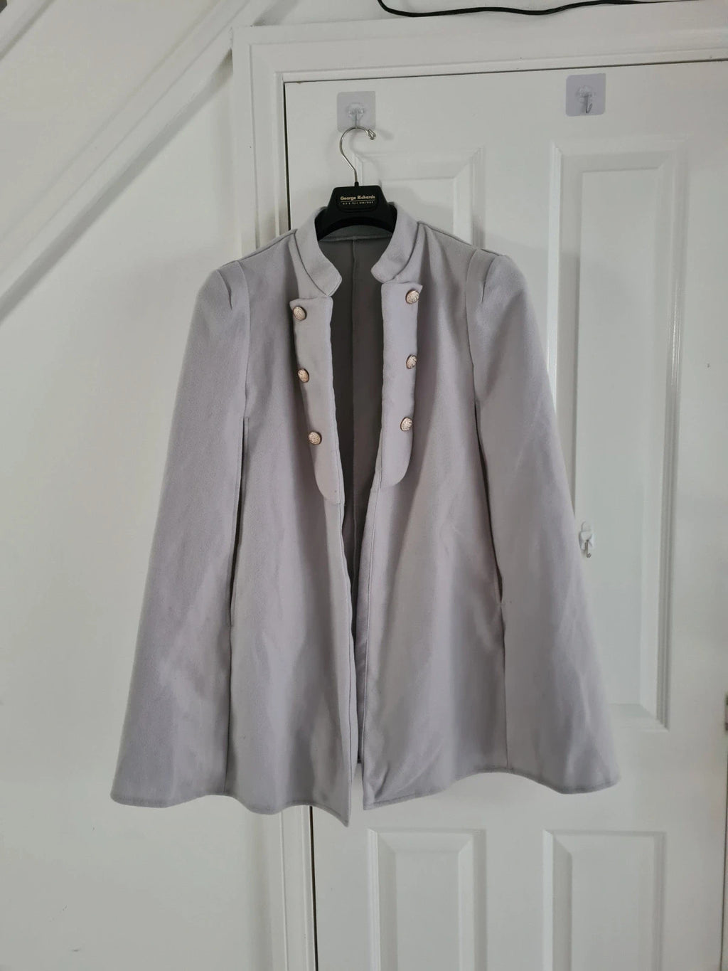 Shein women solid grey ponchos cape coat winter jacket buttons details open front smart casual XL/14