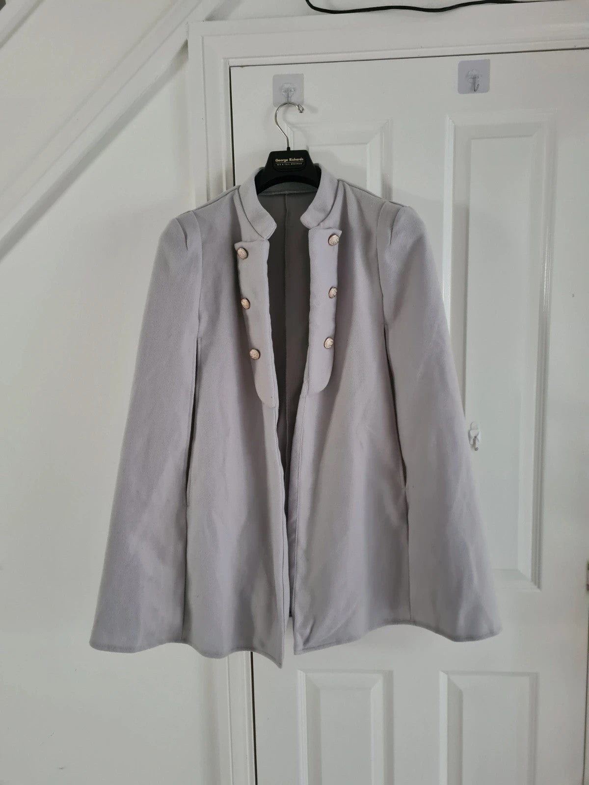 Shein women solid grey ponchos cape coat winter jacket buttons details open front smart casual XL/14