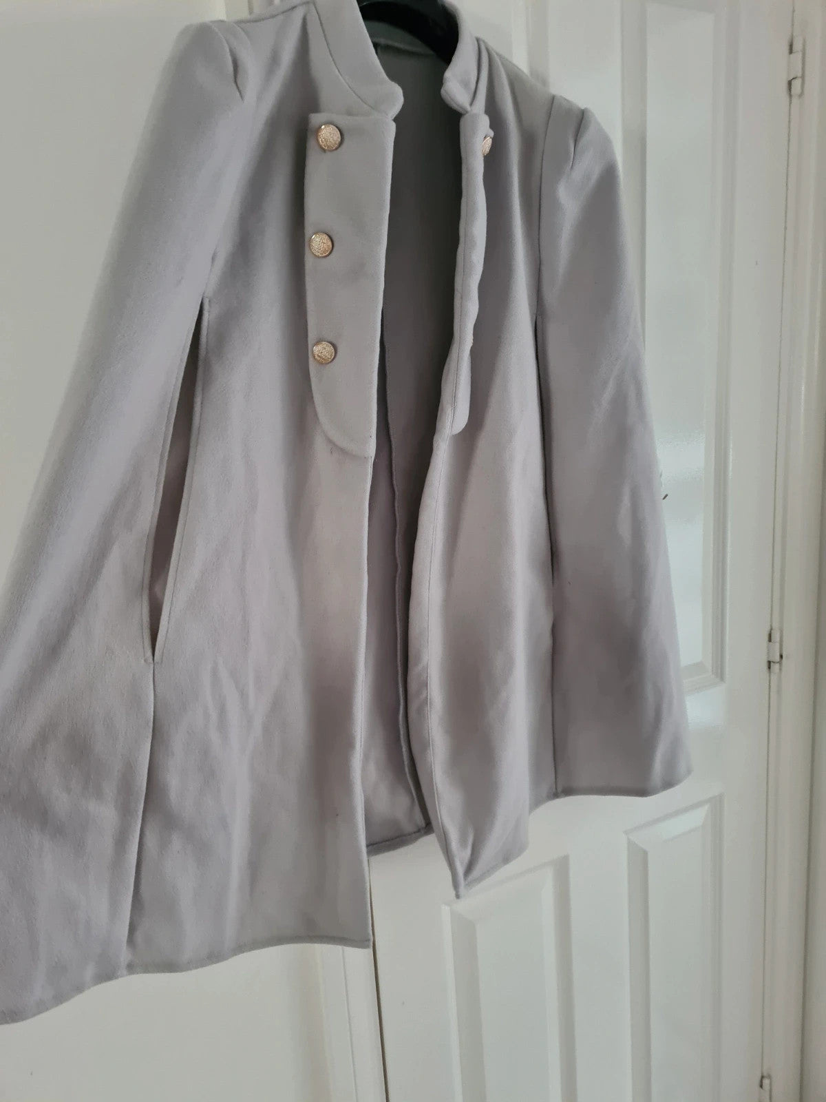 Shein women solid grey ponchos cape coat winter jacket buttons details open front smart casual XL/14
