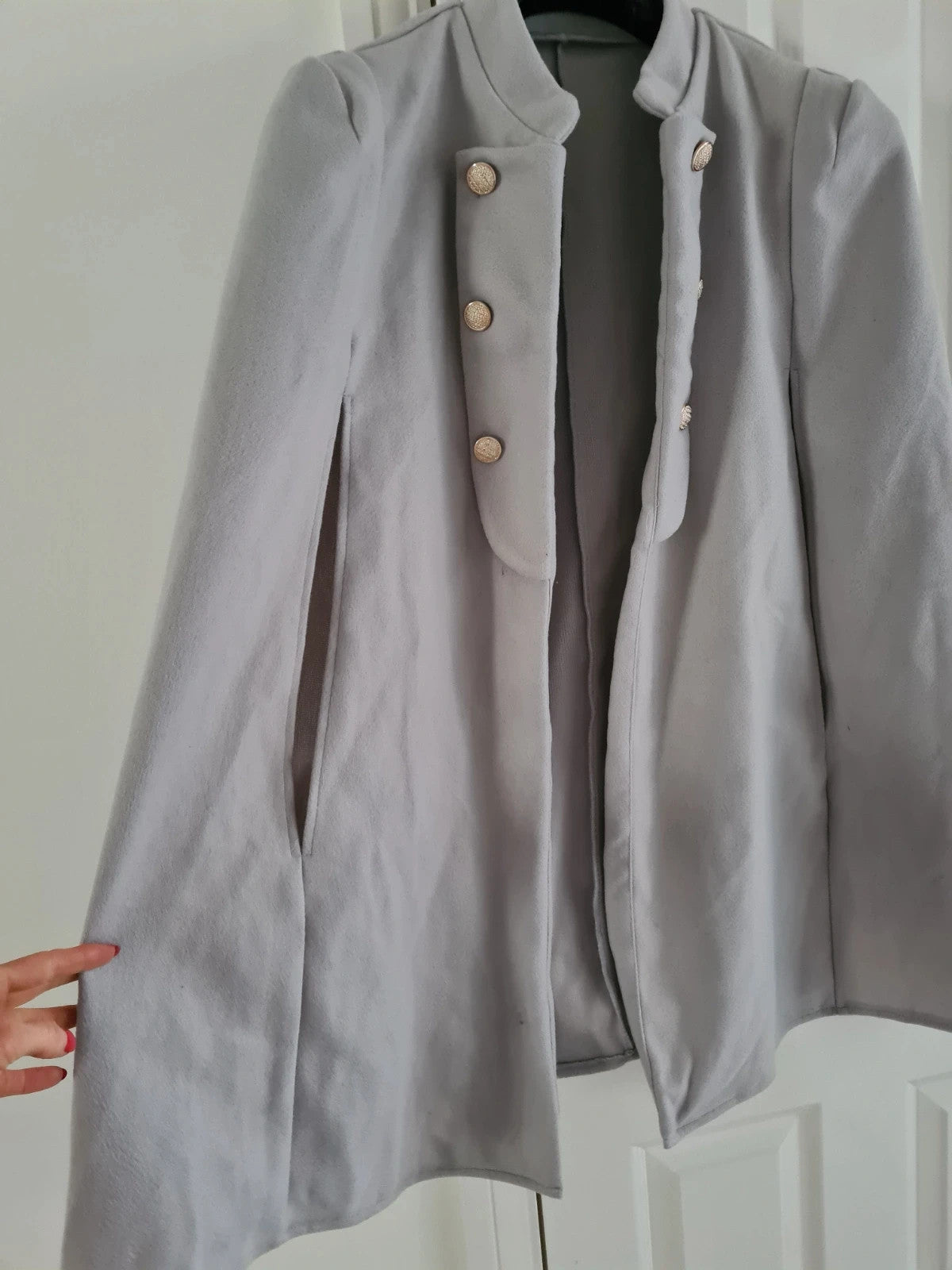 Shein women solid grey ponchos cape coat winter jacket buttons details open front smart casual XL/14