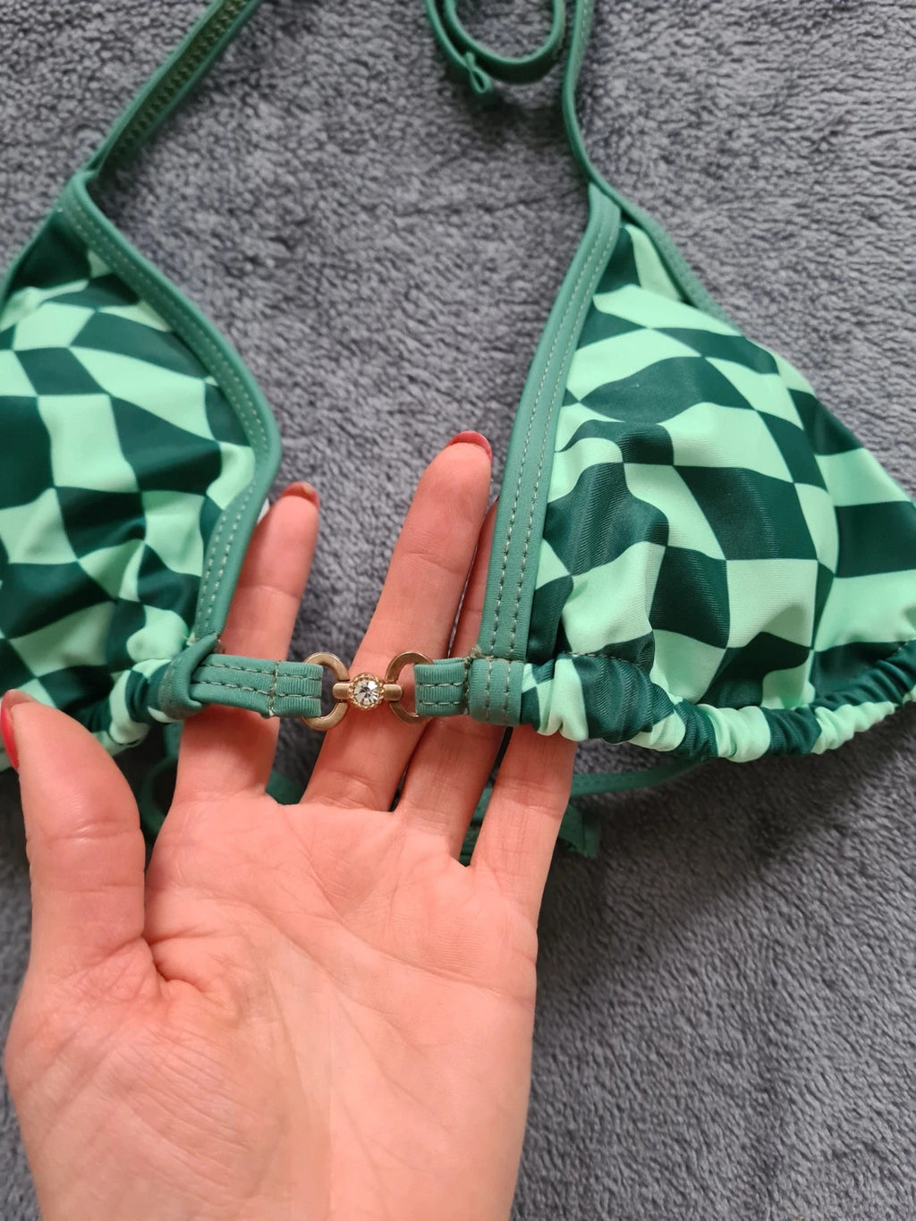Shein women racer green bikini top checkered print drawstring padded swimsuit beach swimwear M/10