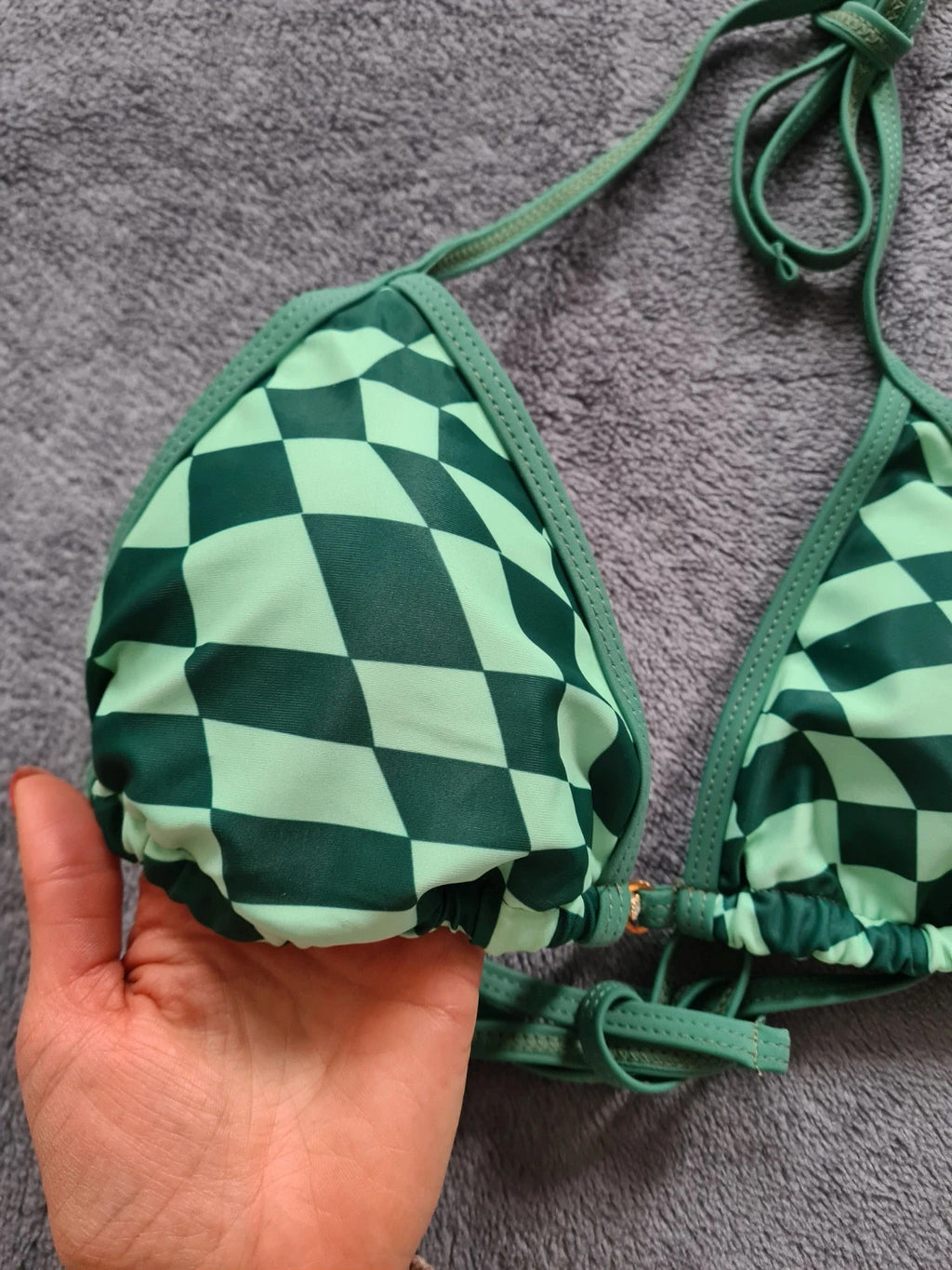 Shein women racer green bikini top checkered print drawstring padded swimsuit beach swimwear M/10