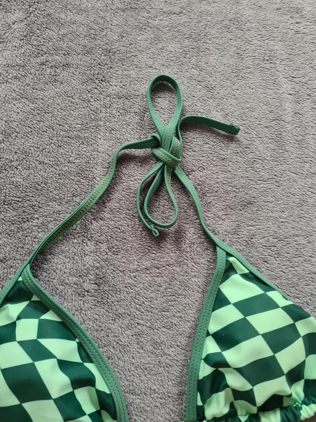 Shein women racer green bikini top checkered print drawstring padded swimsuit beach swimwear M/10