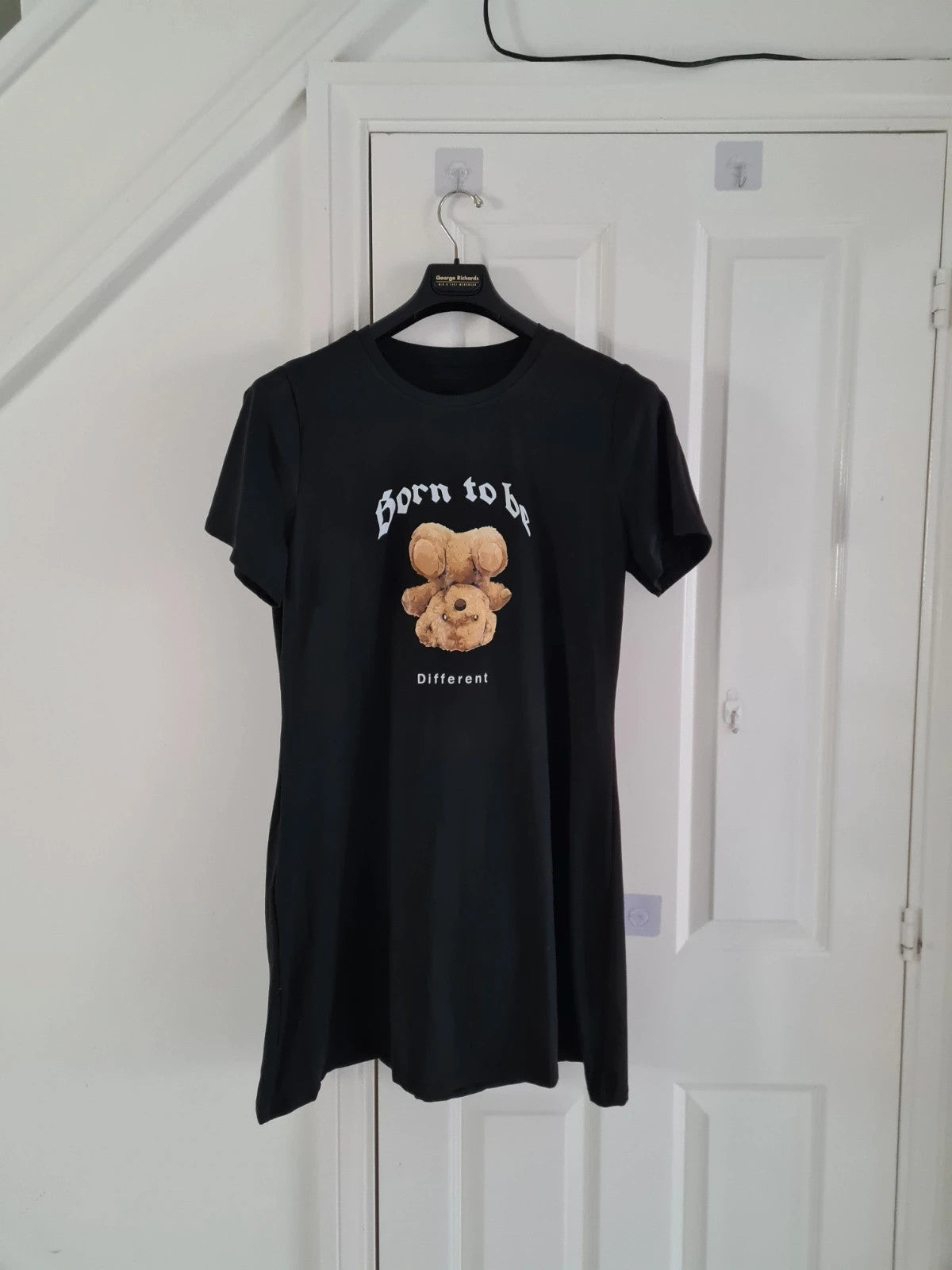 Shein women black long pyjamas dress short sleeve teddy bear slogan print sleepwear casual XL/14