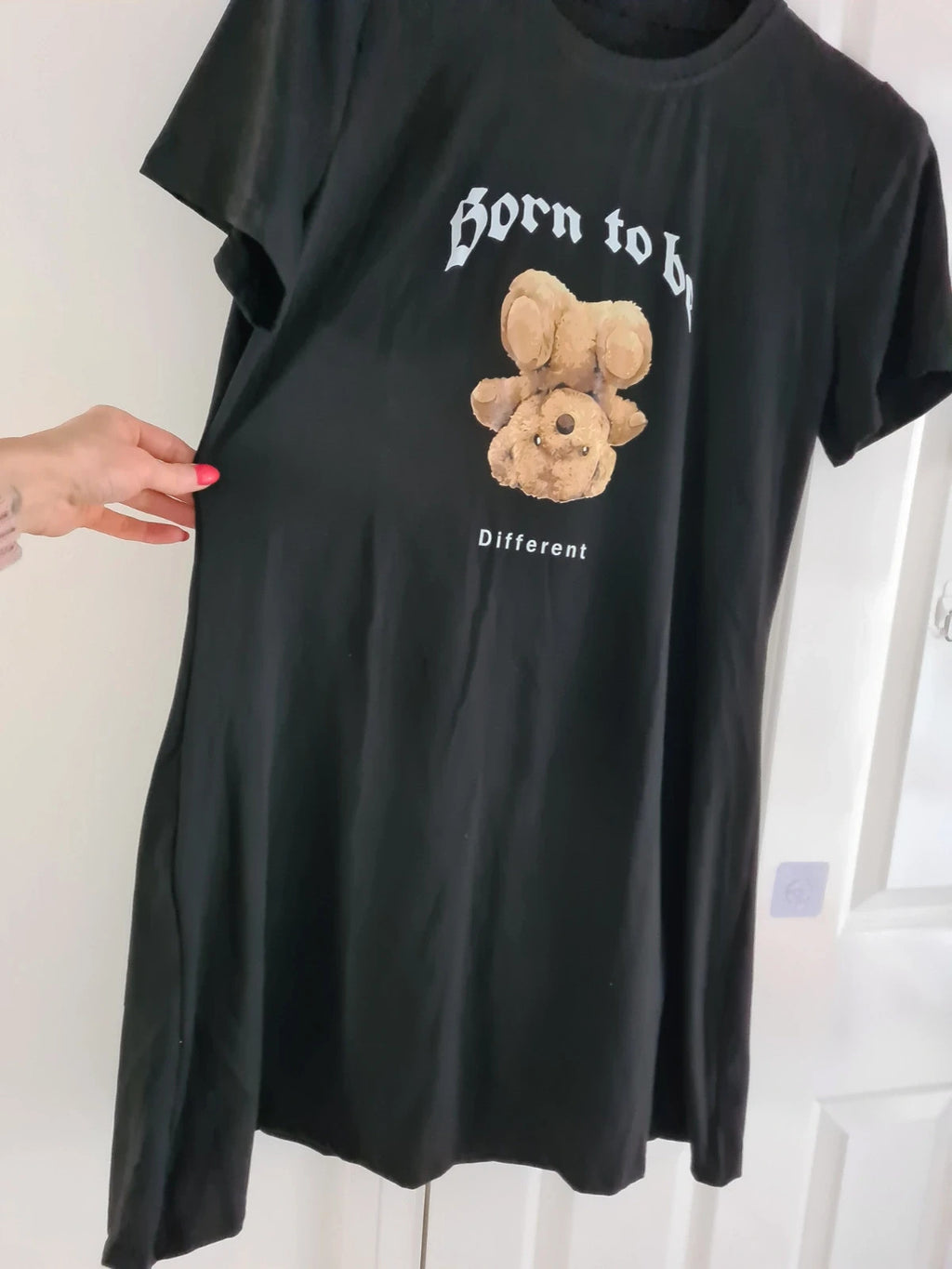Shein women black long pyjamas dress short sleeve teddy bear slogan print sleepwear casual XL/14
