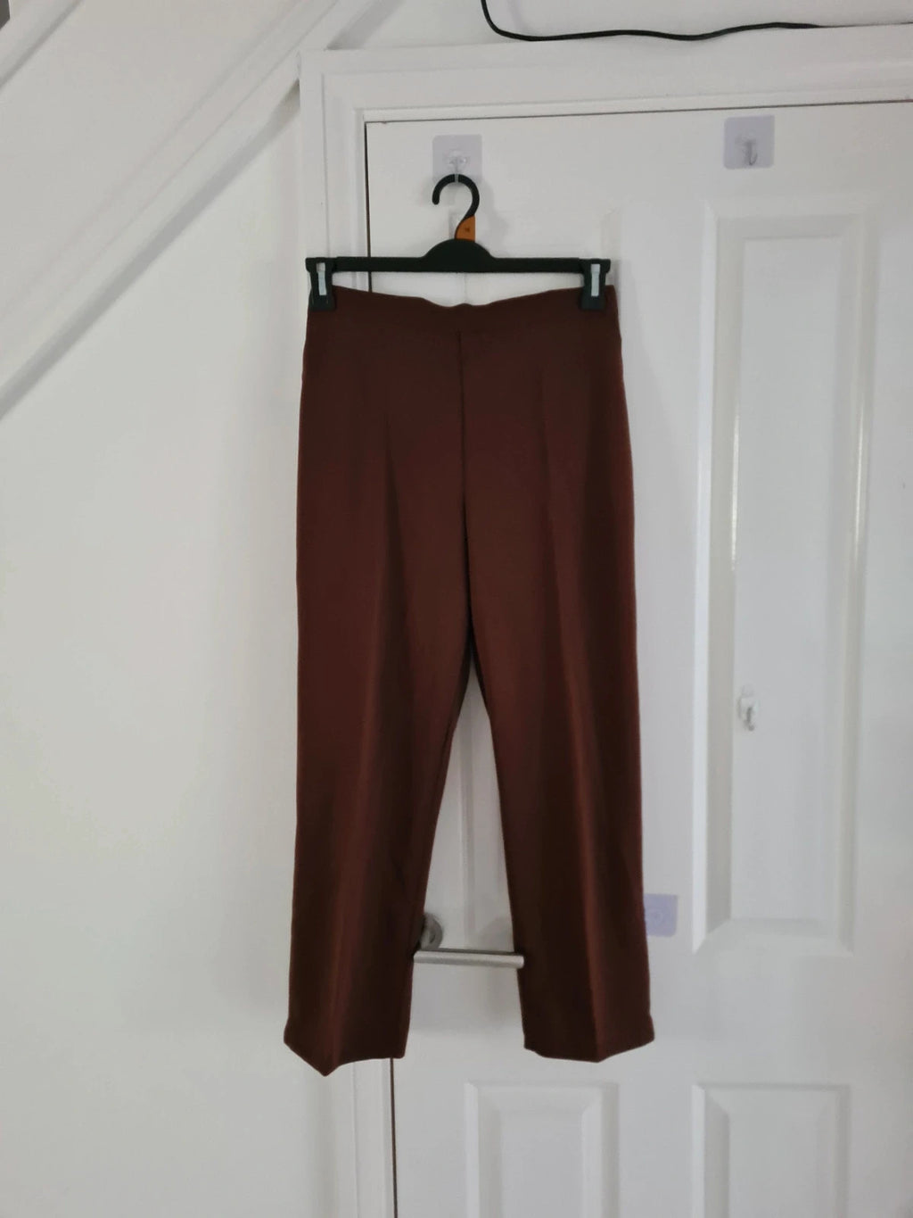 MadeinUK women brown suit trousers tailored elastic waistband straight leg pocket smart casual L/12
