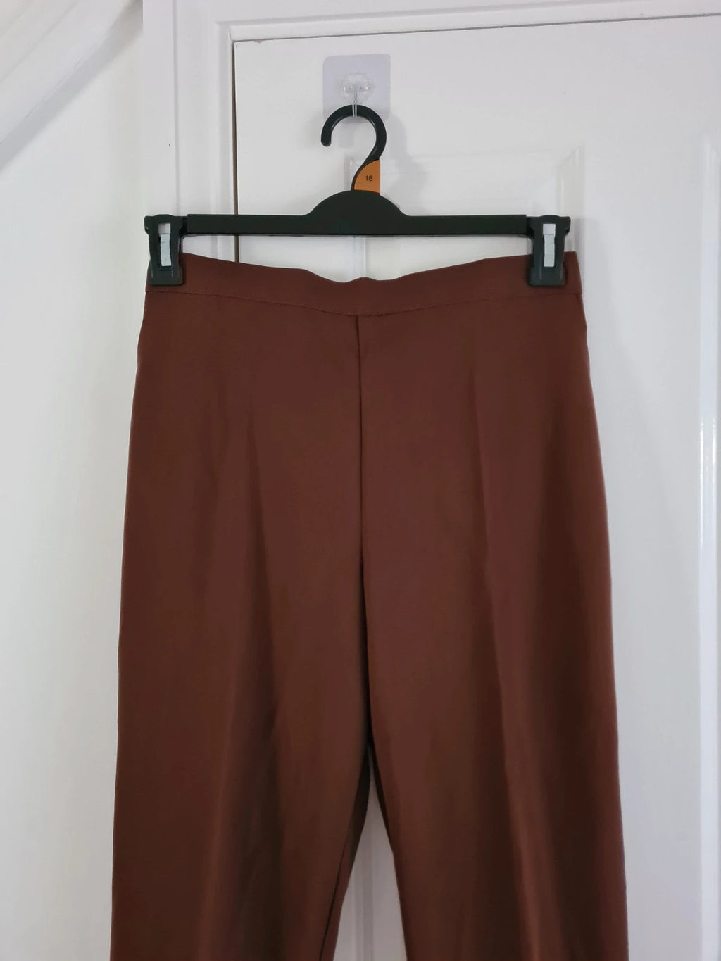 MadeinUK women brown suit trousers tailored elastic waistband straight leg pocket smart casual L/12