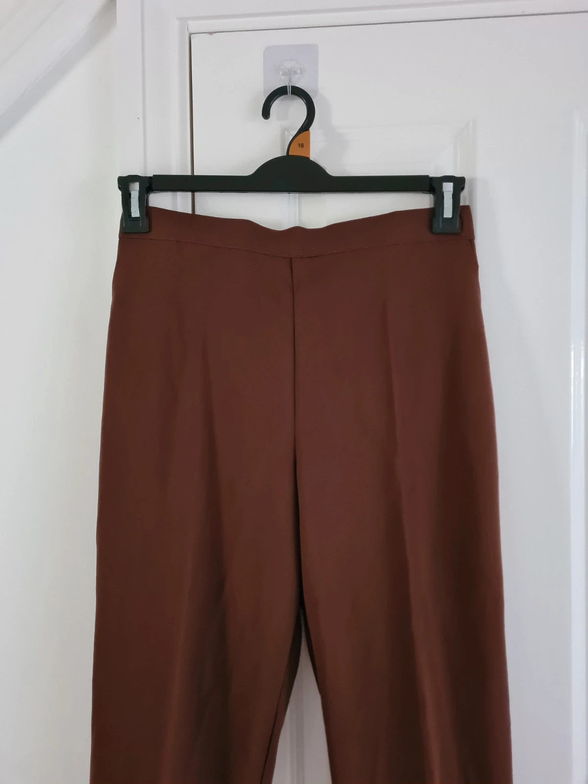 MadeinUK women brown suit trousers tailored elastic waistband straight leg pocket smart casual L/12