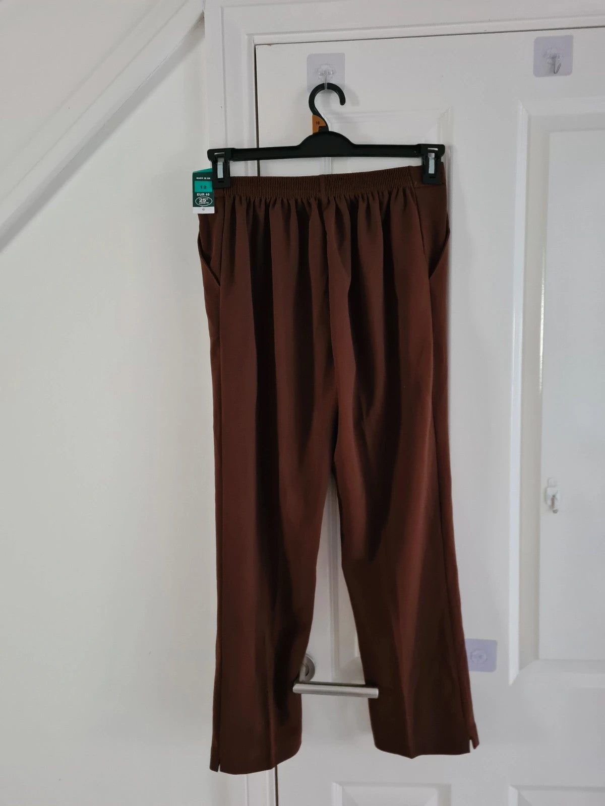 MadeinUK women brown suit trousers tailored elastic waistband straight leg pocket smart casual L/12
