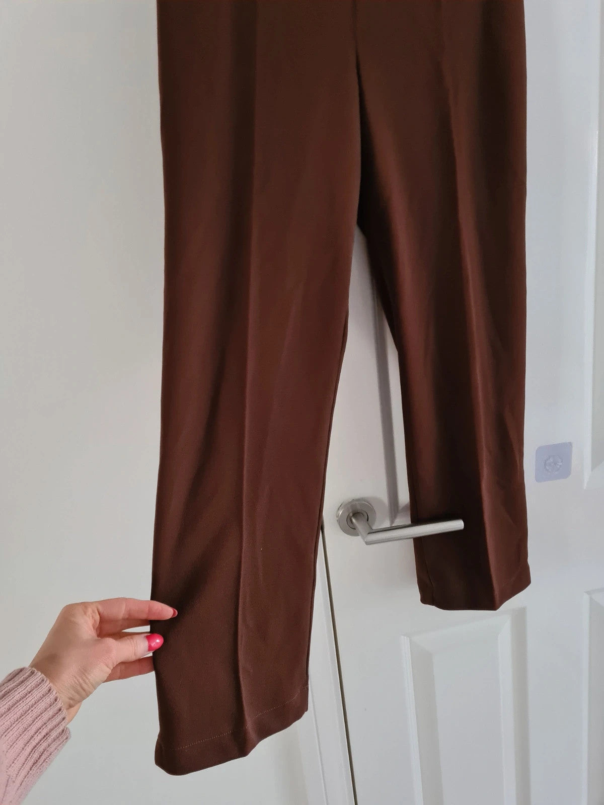 MadeinUK women brown suit trousers tailored elastic waistband straight leg pocket smart casual L/12