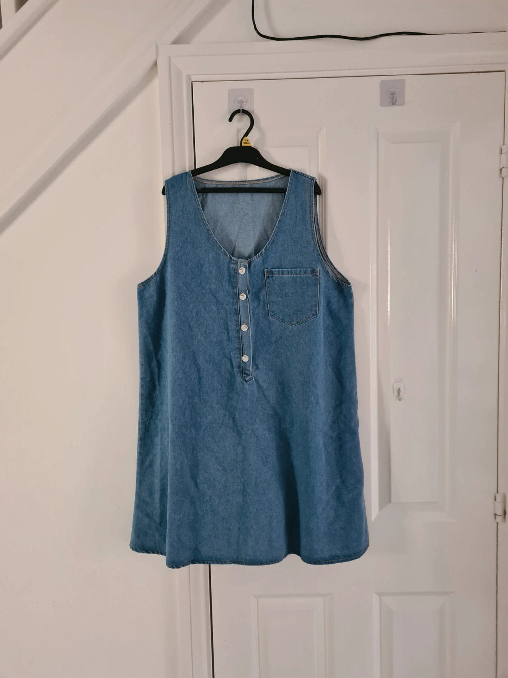 Shein women blue denim shift mini dress sleeveless round deep neck cotton blend tunic buttons XL/14