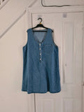 Shein women blue denim shift mini dress sleeveless round deep neck cotton blend tunic buttons XL/14