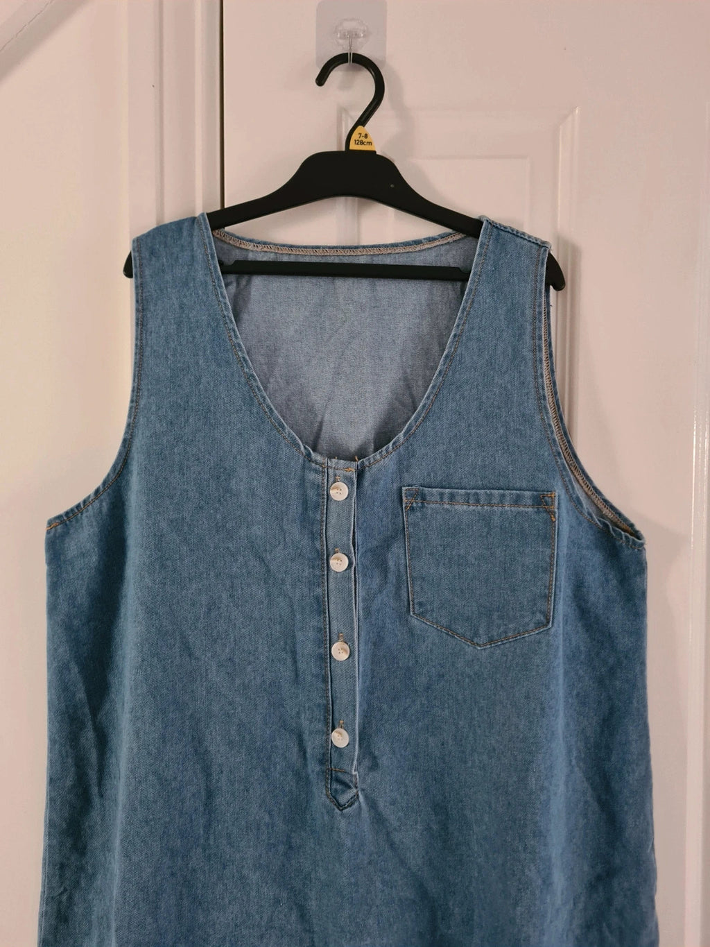 Shein women blue denim shift mini dress sleeveless round deep neck cotton blend tunic buttons XL/14