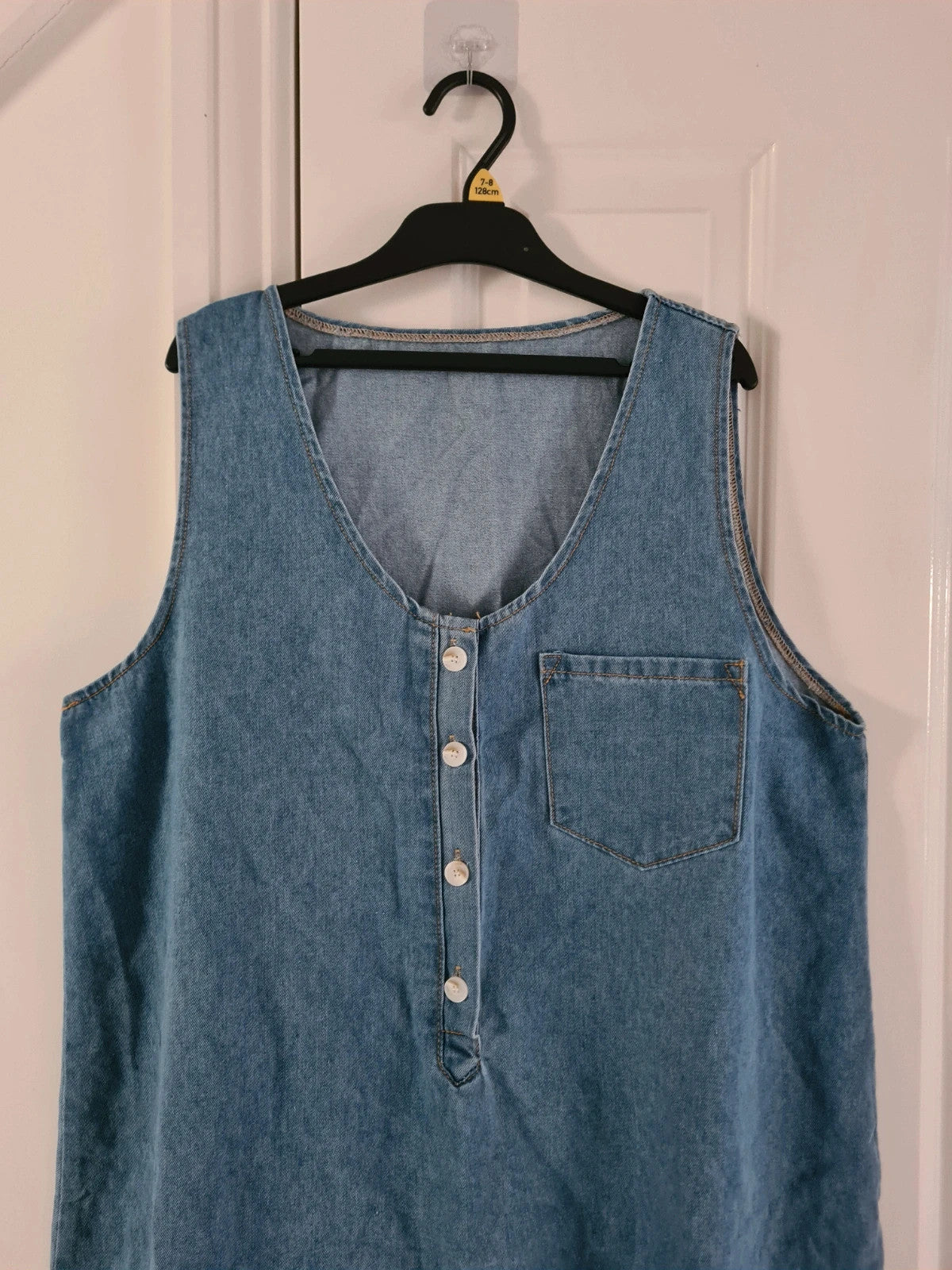 Shein women blue denim shift mini dress sleeveless round deep neck cotton blend tunic buttons XL/14