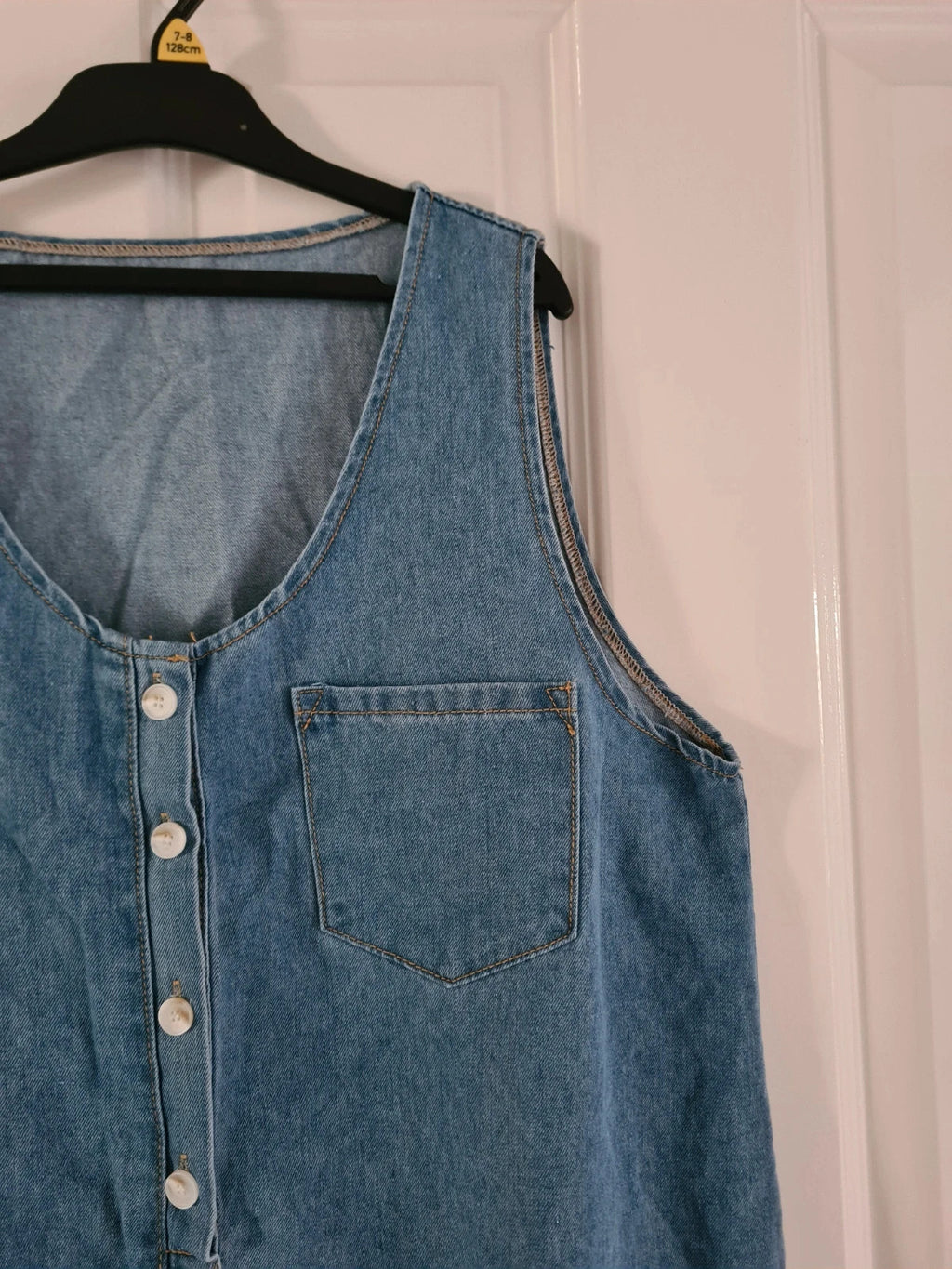 Shein women blue denim shift mini dress sleeveless round deep neck cotton blend tunic buttons XL/14