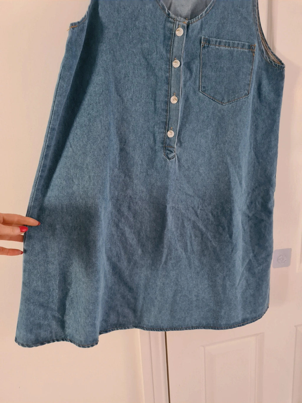 Shein women blue denim shift mini dress sleeveless round deep neck cotton blend tunic buttons XL/14