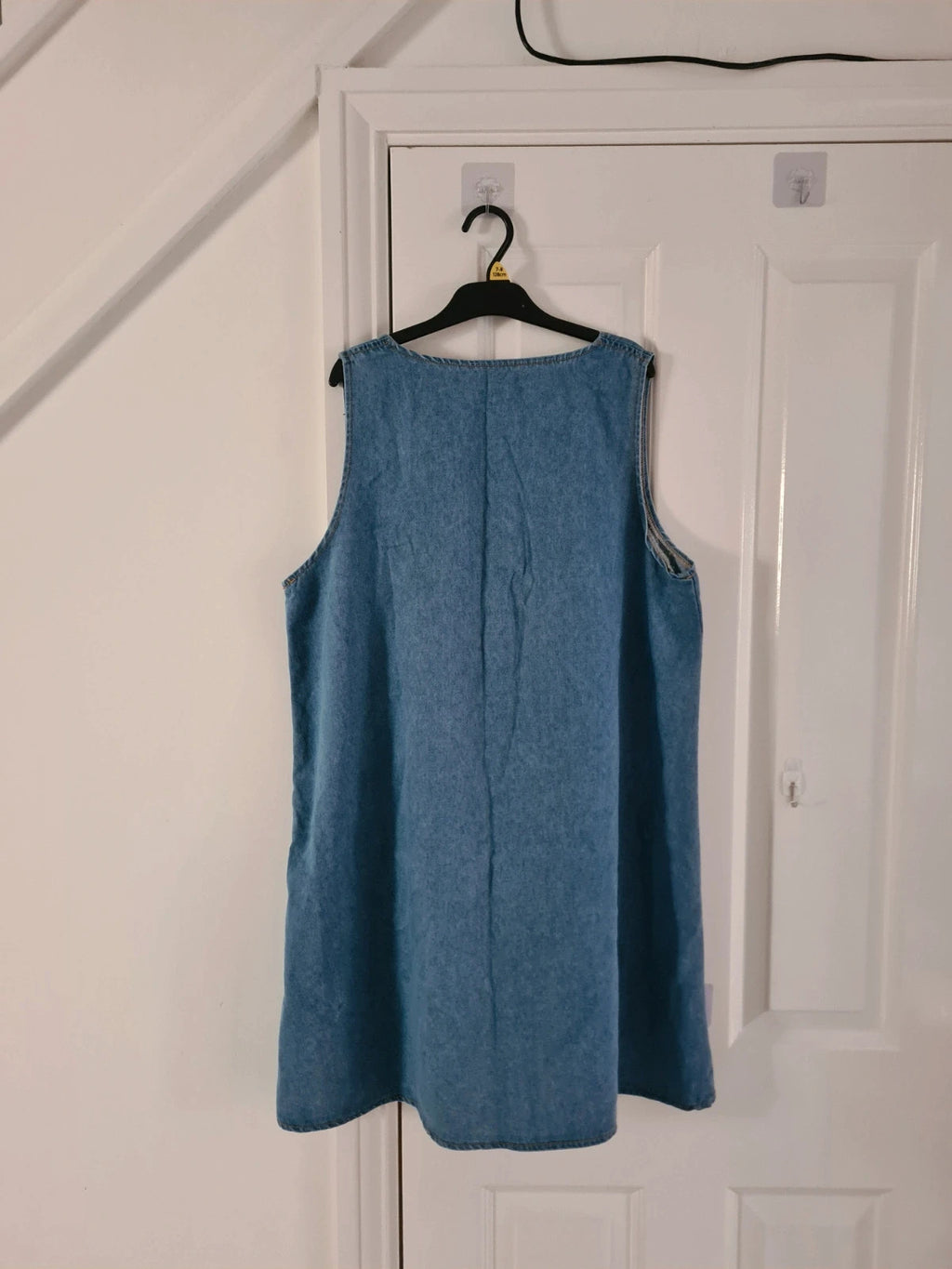 Shein women blue denim shift mini dress sleeveless round deep neck cotton blend tunic buttons XL/14