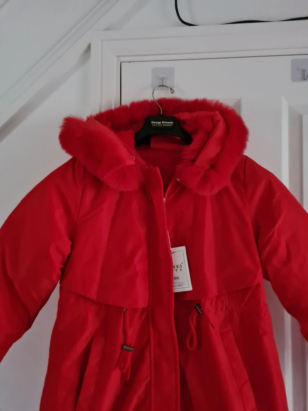 TikTok shop women red puffer long jacket winter parka hooded fluffy lined warm S