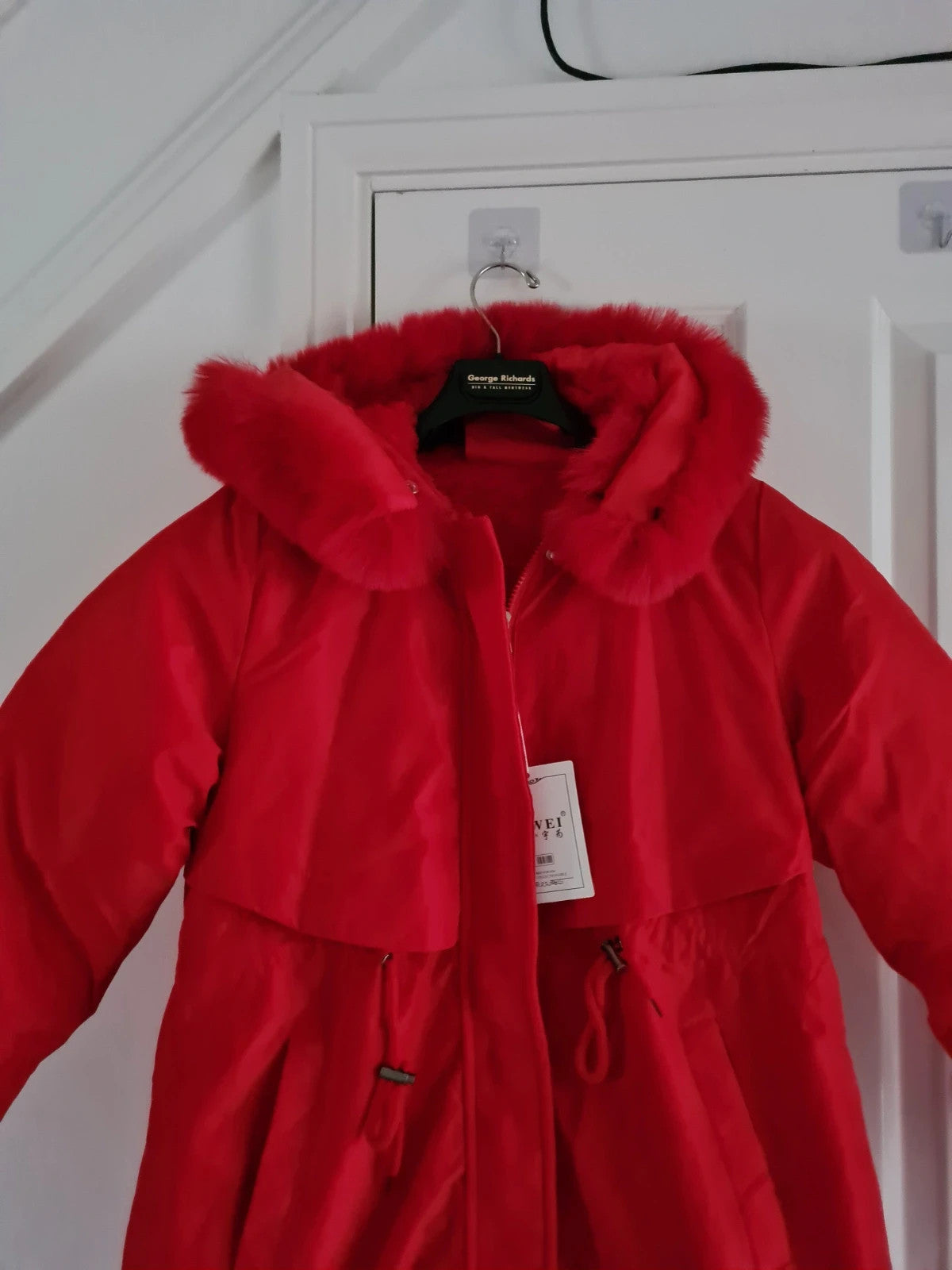 TikTok shop women red puffer long jacket winter parka hooded fluffy lined warm S