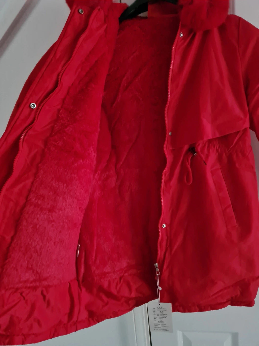 TikTok shop women red puffer long jacket winter parka hooded fluffy lined warm S