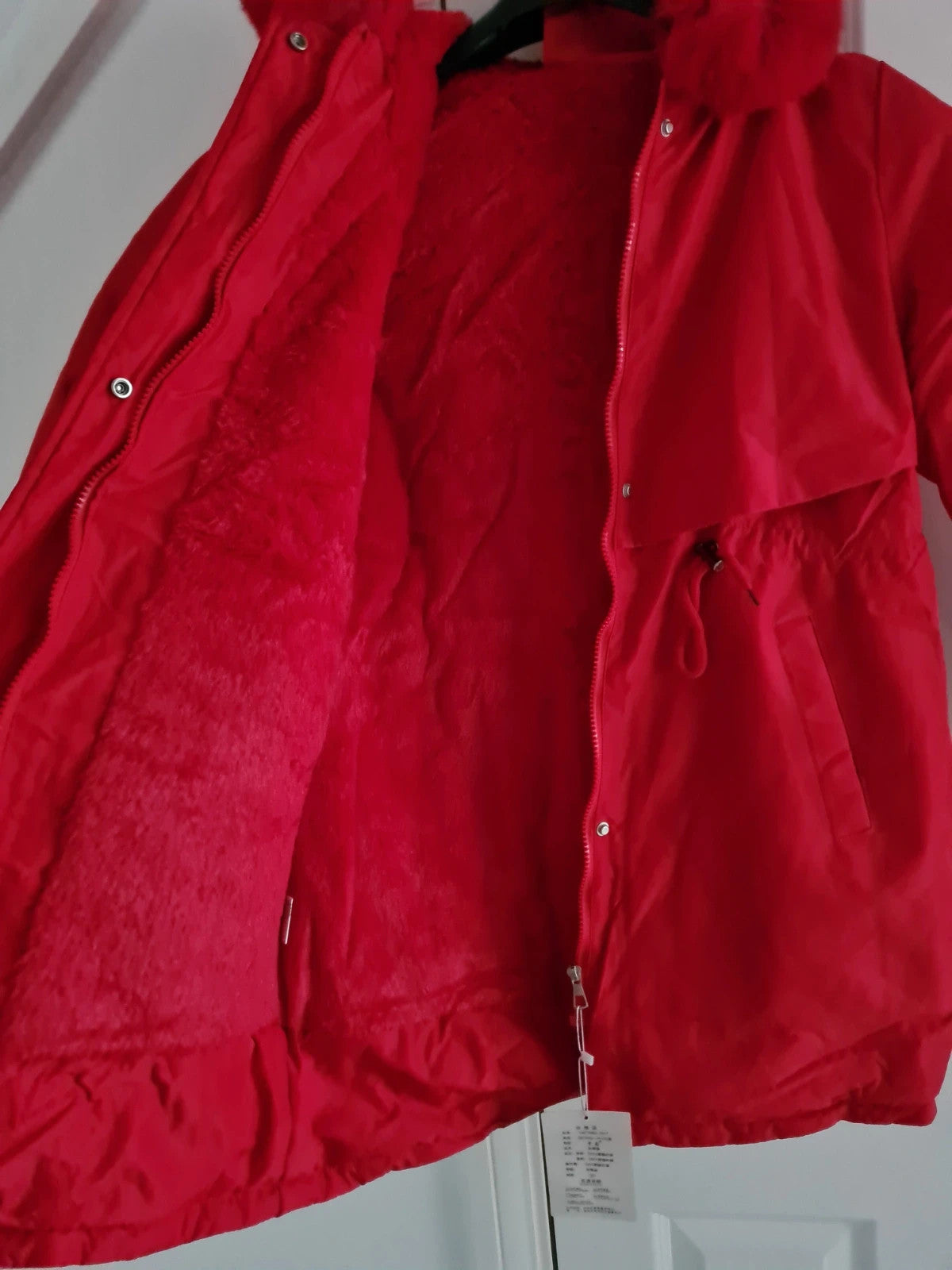 TikTok shop women red puffer long jacket winter parka hooded fluffy lined warm S