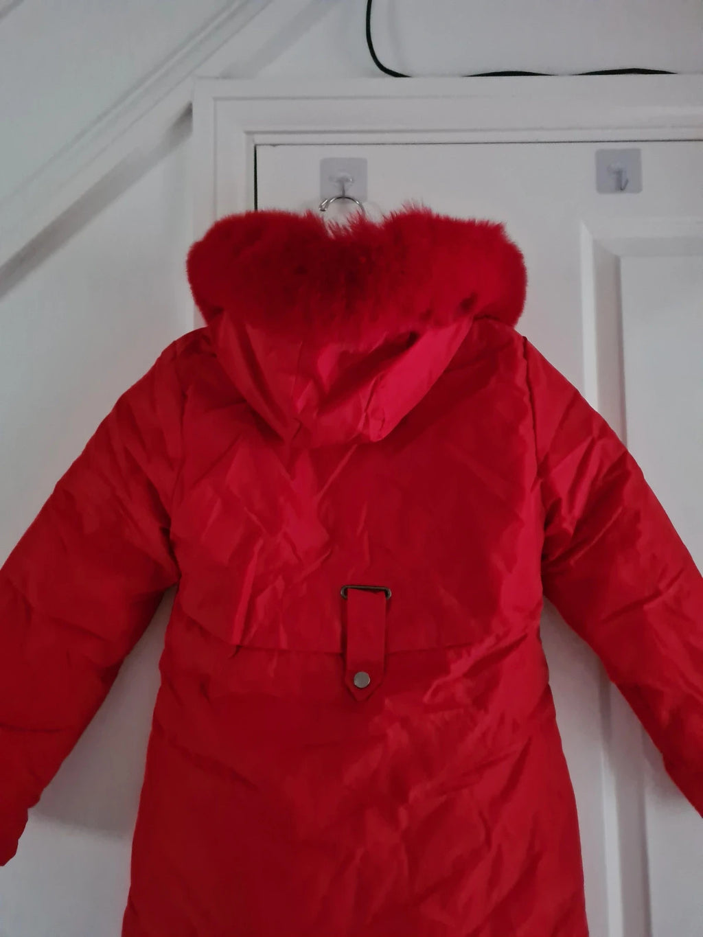 TikTok shop women red puffer long jacket winter parka hooded fluffy lined warm S