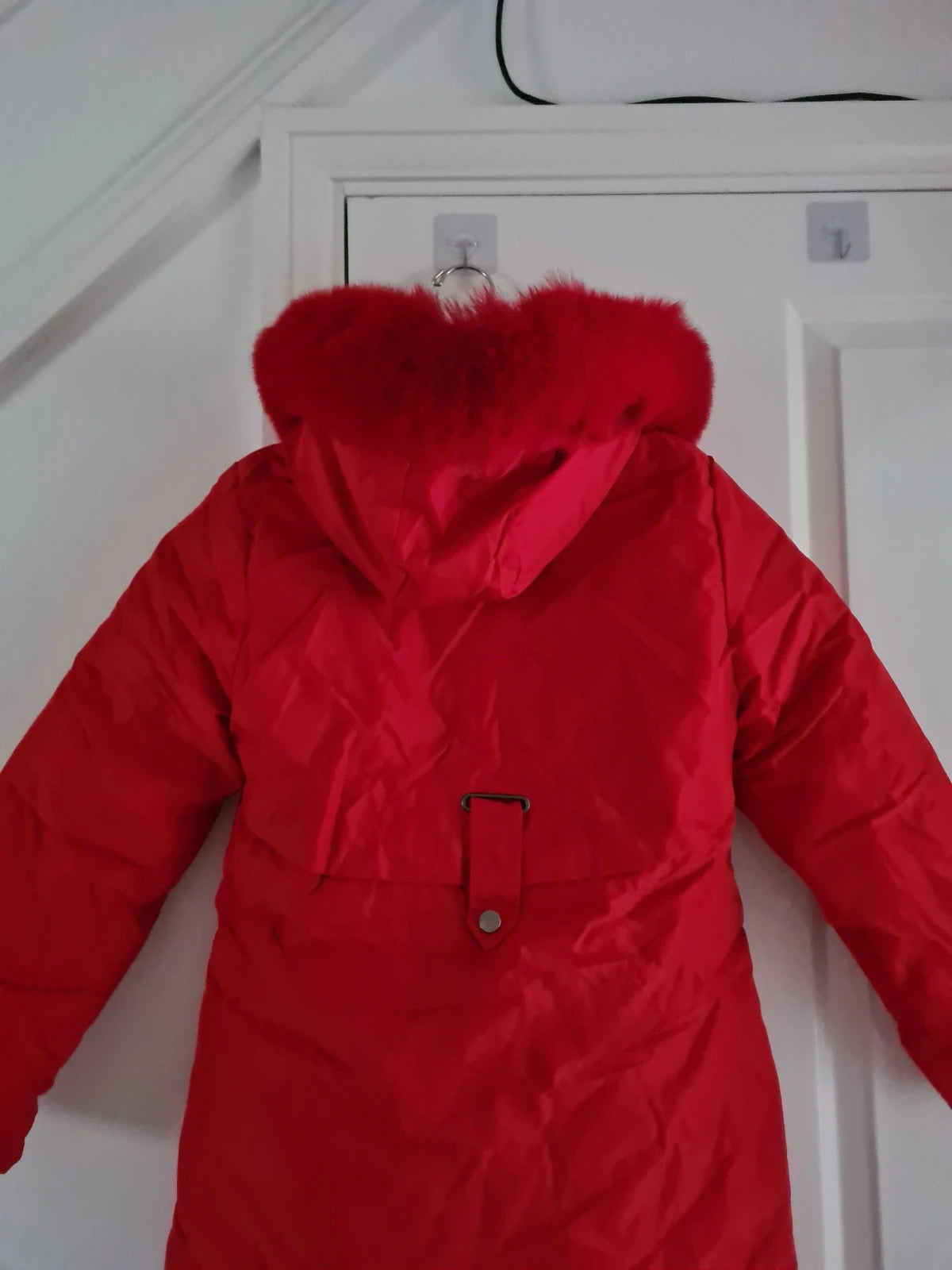TikTok shop women red puffer long jacket winter parka hooded fluffy lined warm S
