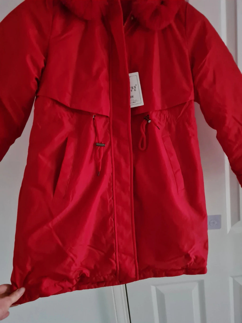 TikTok shop women red puffer long jacket winter parka hooded fluffy lined warm S