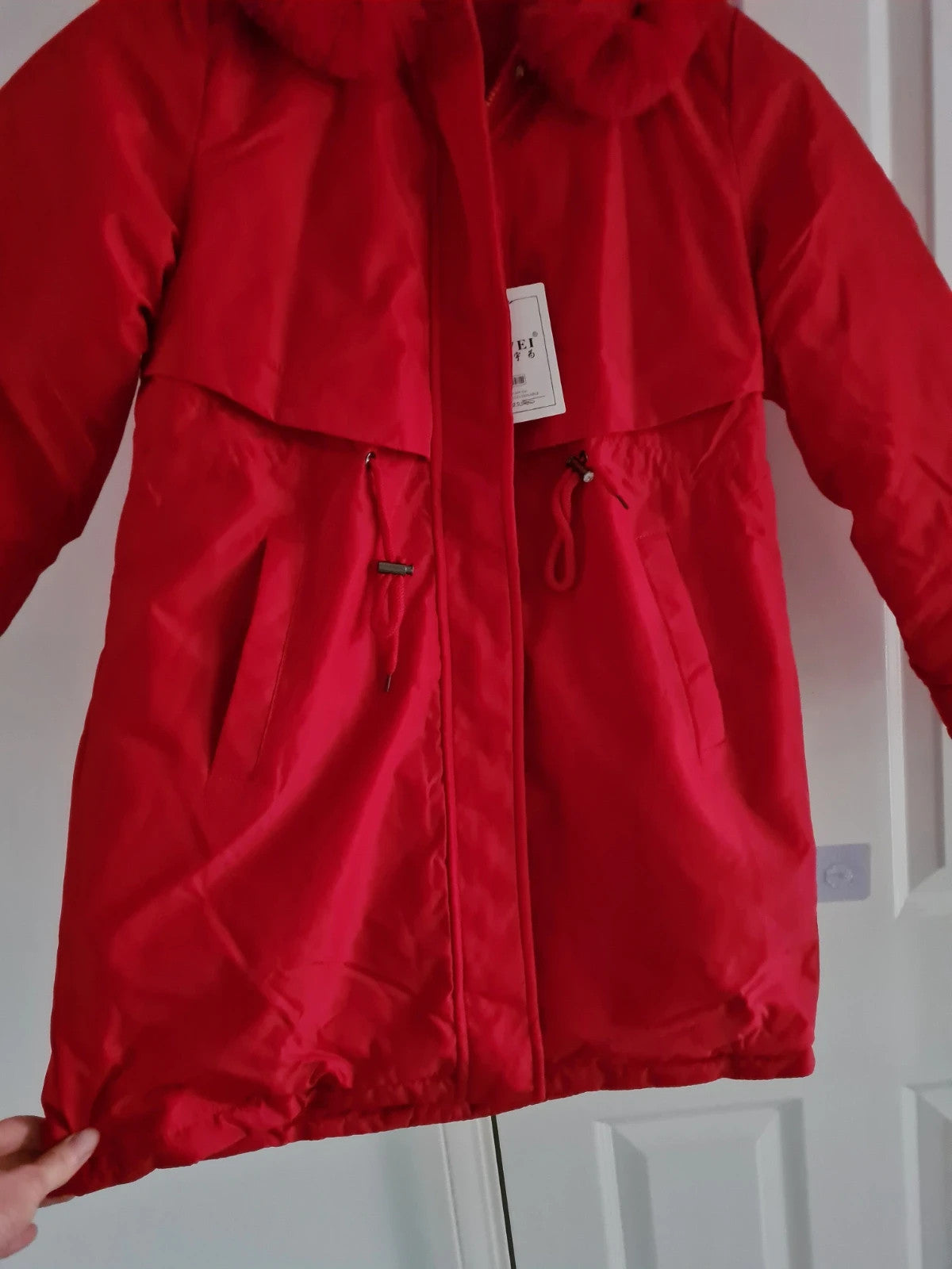 TikTok shop women red puffer long jacket winter parka hooded fluffy lined warm S