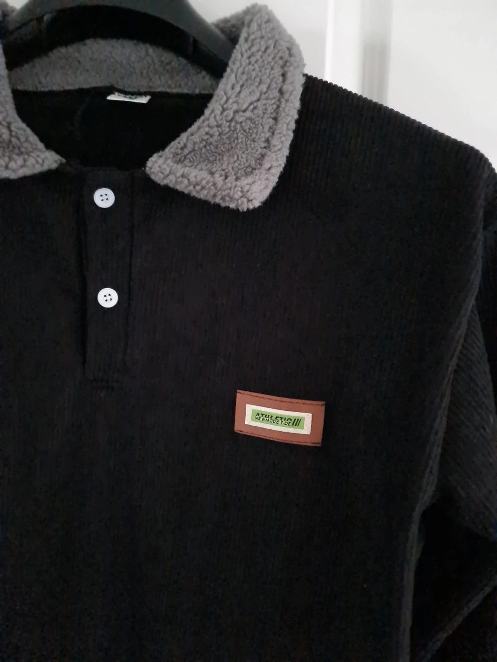 TikTok men black jumper buttons neck corduroy sweatshirt pullover crash polo thick warm casual XL