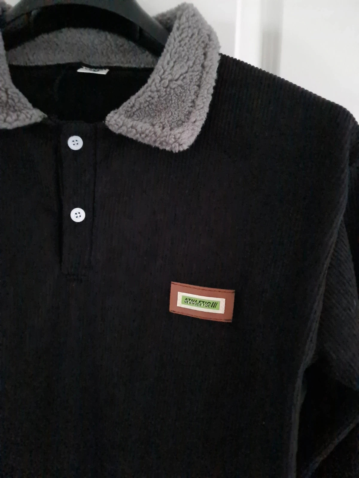 TikTok men black jumper buttons neck corduroy sweatshirt pullover crash polo thick warm casual XL