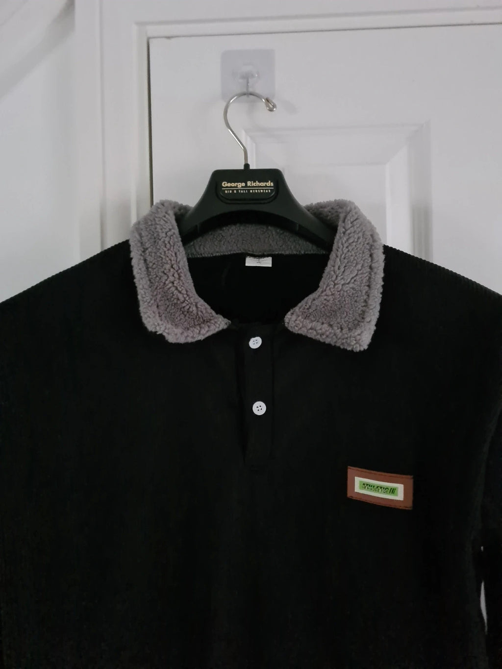 TikTok men black jumper buttons neck corduroy sweatshirt pullover crash polo thick warm casual XL