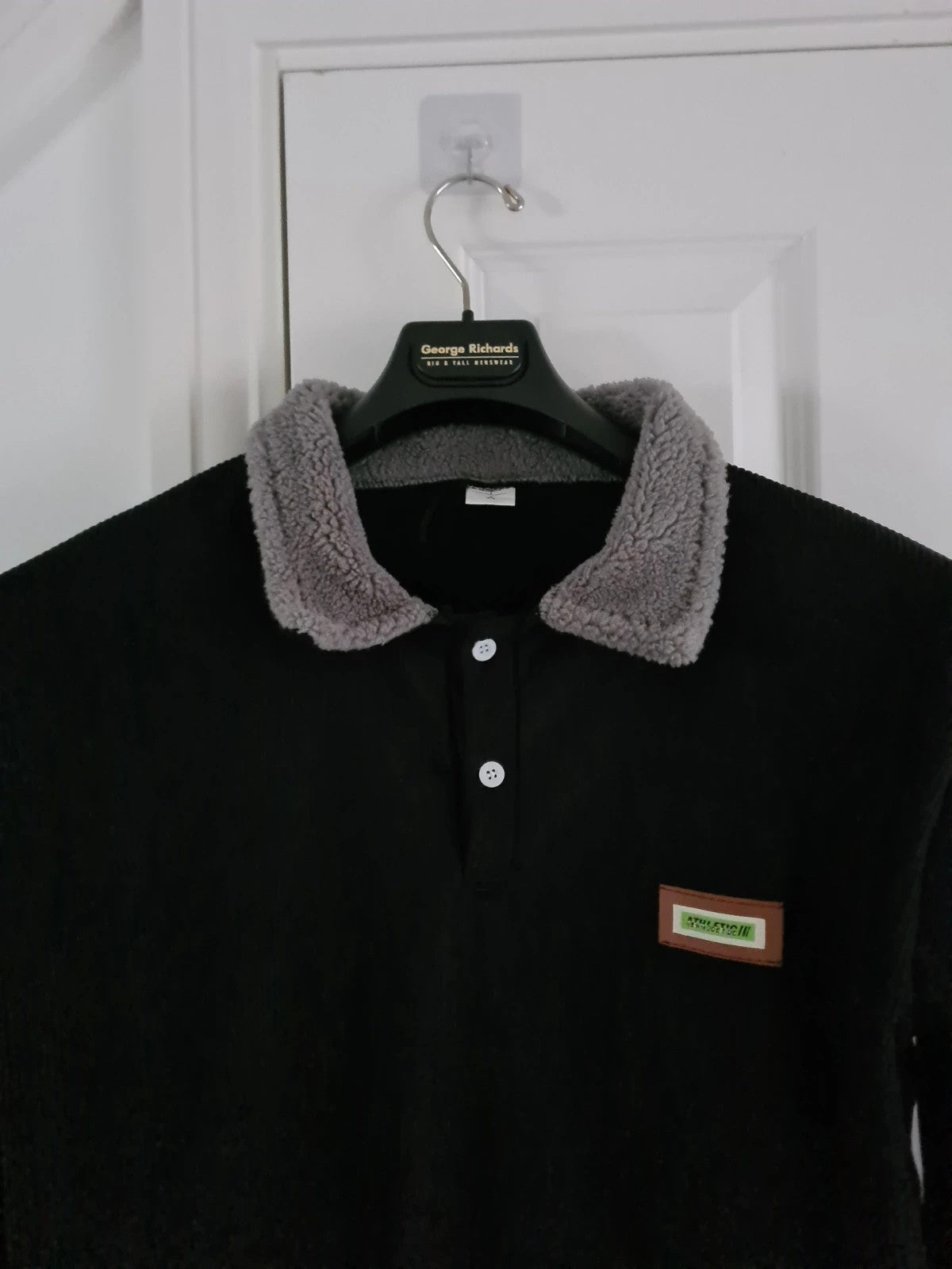 TikTok men black jumper buttons neck corduroy sweatshirt pullover crash polo thick warm casual XL