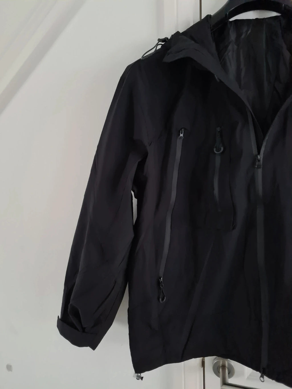 TikTok men black softshell jacket hooded zip wind/waterproof tactical hiking mountain L/XL