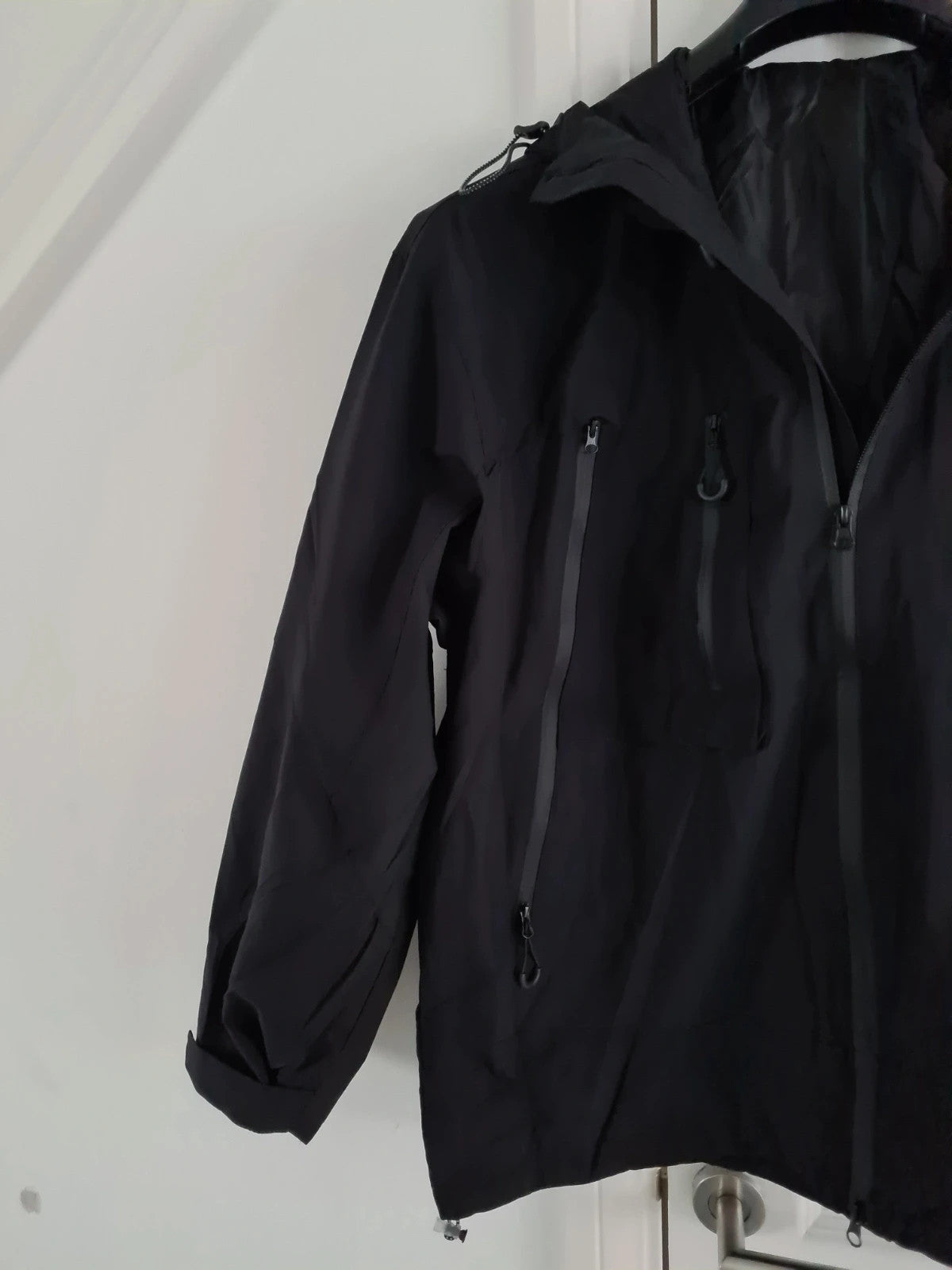 TikTok men black softshell jacket hooded zip wind/waterproof tactical hiking mountain L/XL
