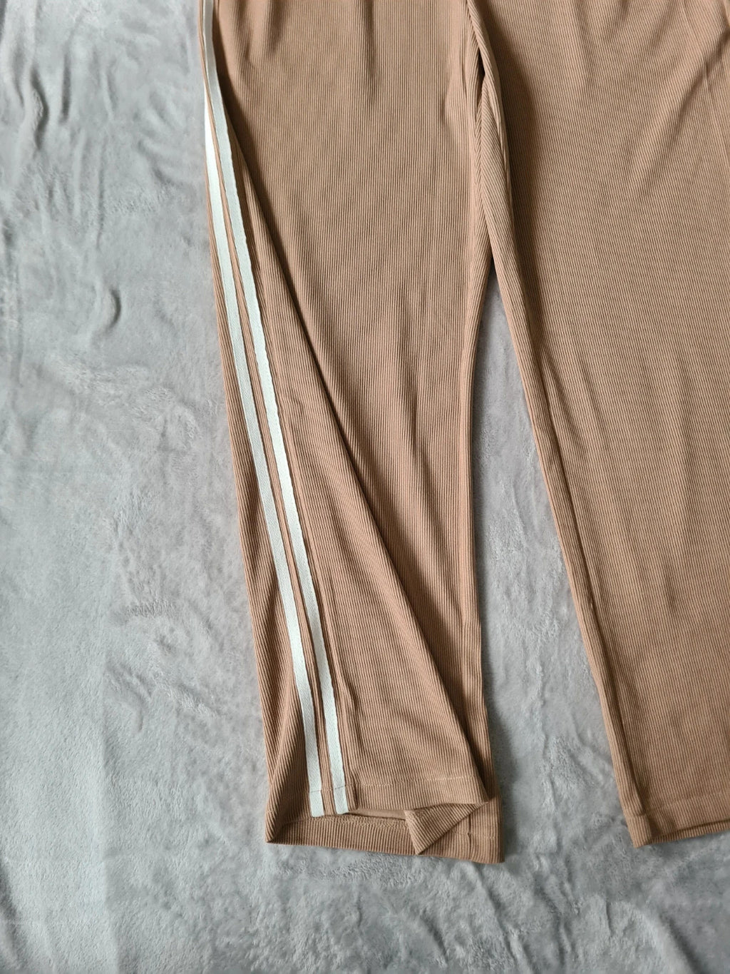 Tiktok shop women brown viral trousers wide straight leg striped on side lounge ribbed pants M/10