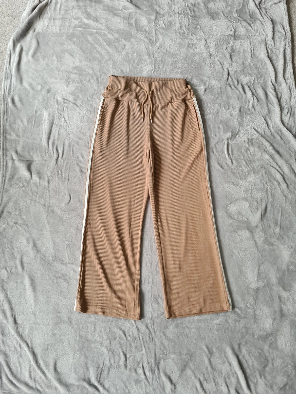 Tiktok shop women brown viral trousers wide straight leg striped on side lounge ribbed pants M/10