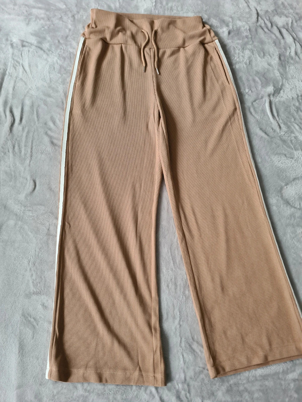 Tiktok shop women brown viral trousers wide straight leg striped on side lounge ribbed pants M/10