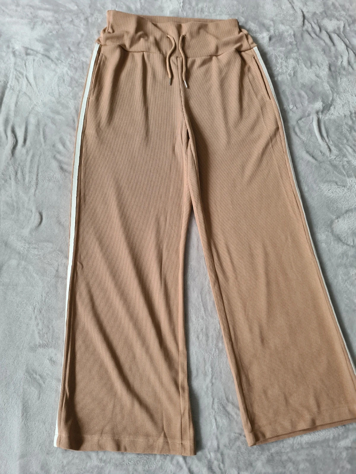 Tiktok shop women brown viral trousers wide straight leg striped on side lounge ribbed pants M/10