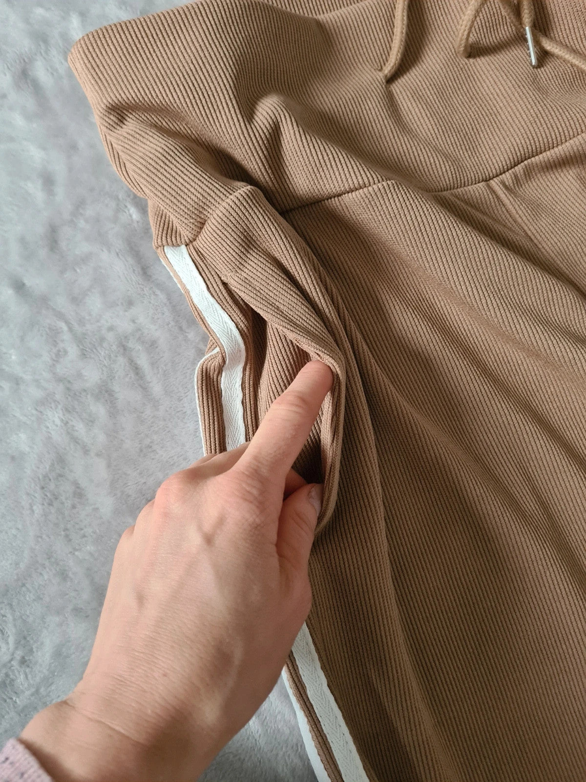 Tiktok shop women brown viral trousers wide straight leg striped on side lounge ribbed pants M/10