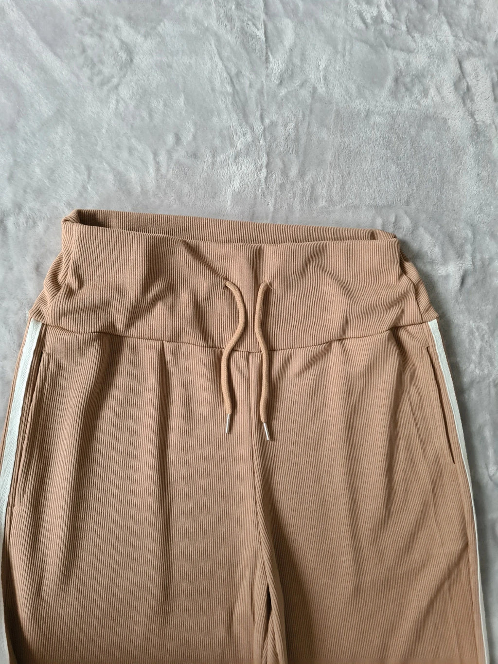 Tiktok shop women brown viral trousers wide straight leg striped on side lounge ribbed pants M/10