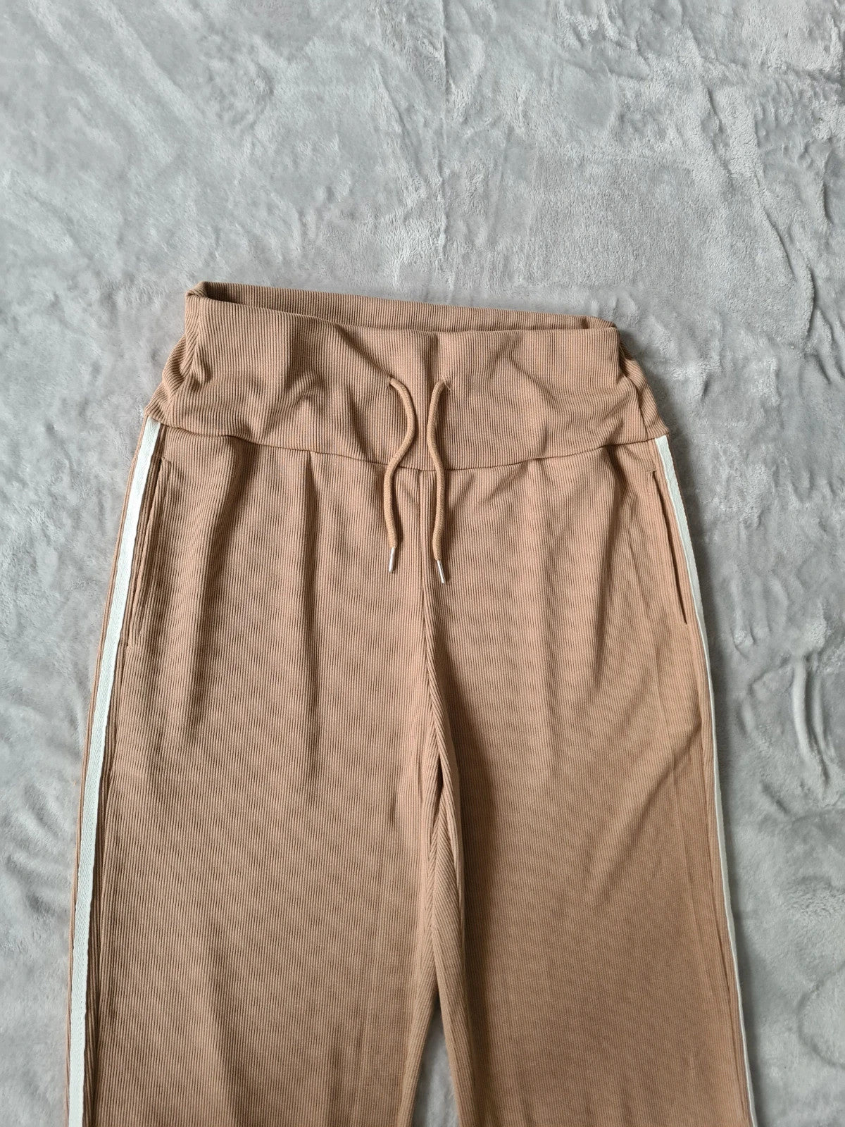 Tiktok shop women brown viral trousers wide straight leg striped on side lounge ribbed pants M/10