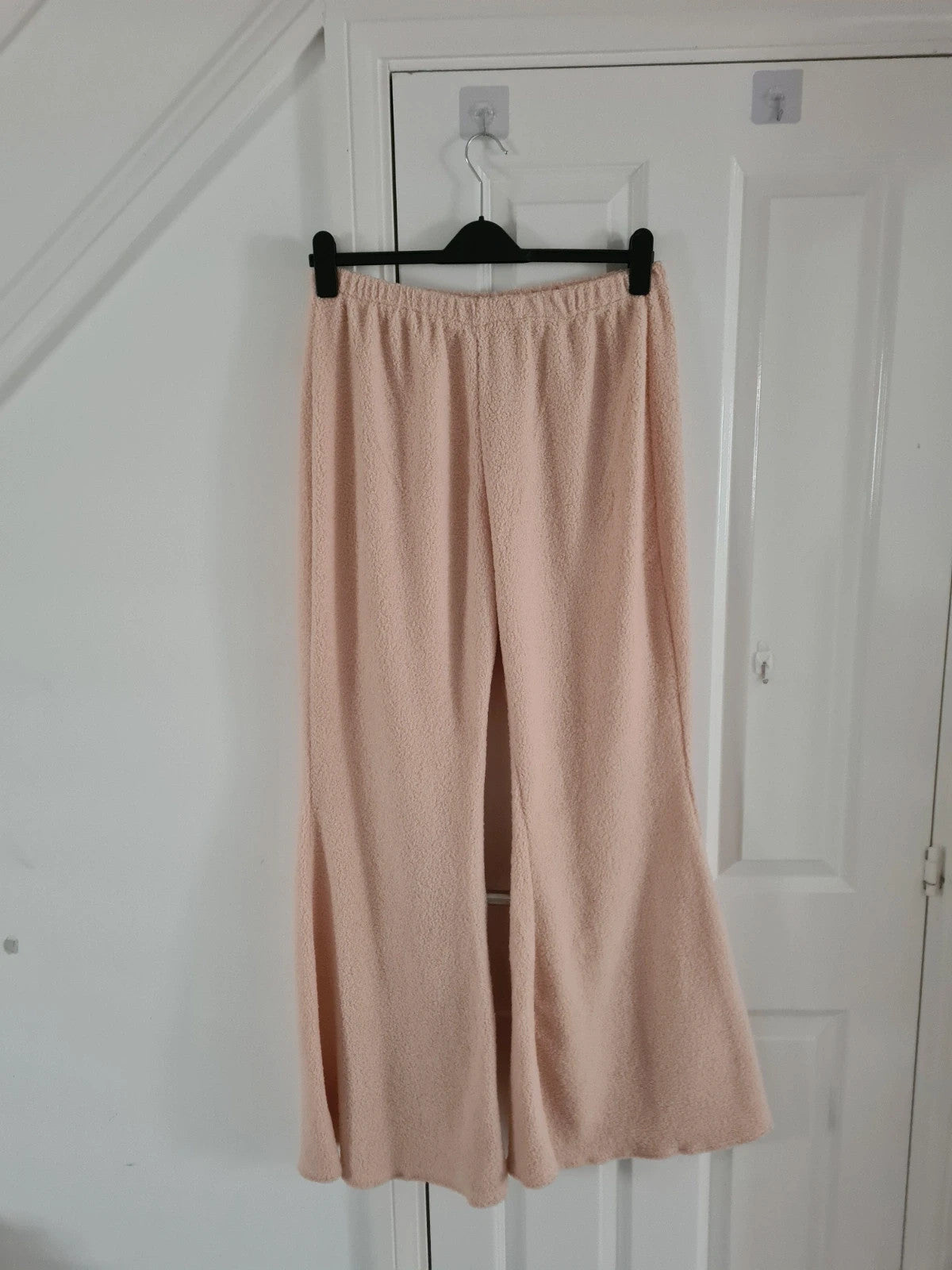 Shein women beige lounge fluffy wide flare leg trousers knitt elastic waist casual pants 3XL