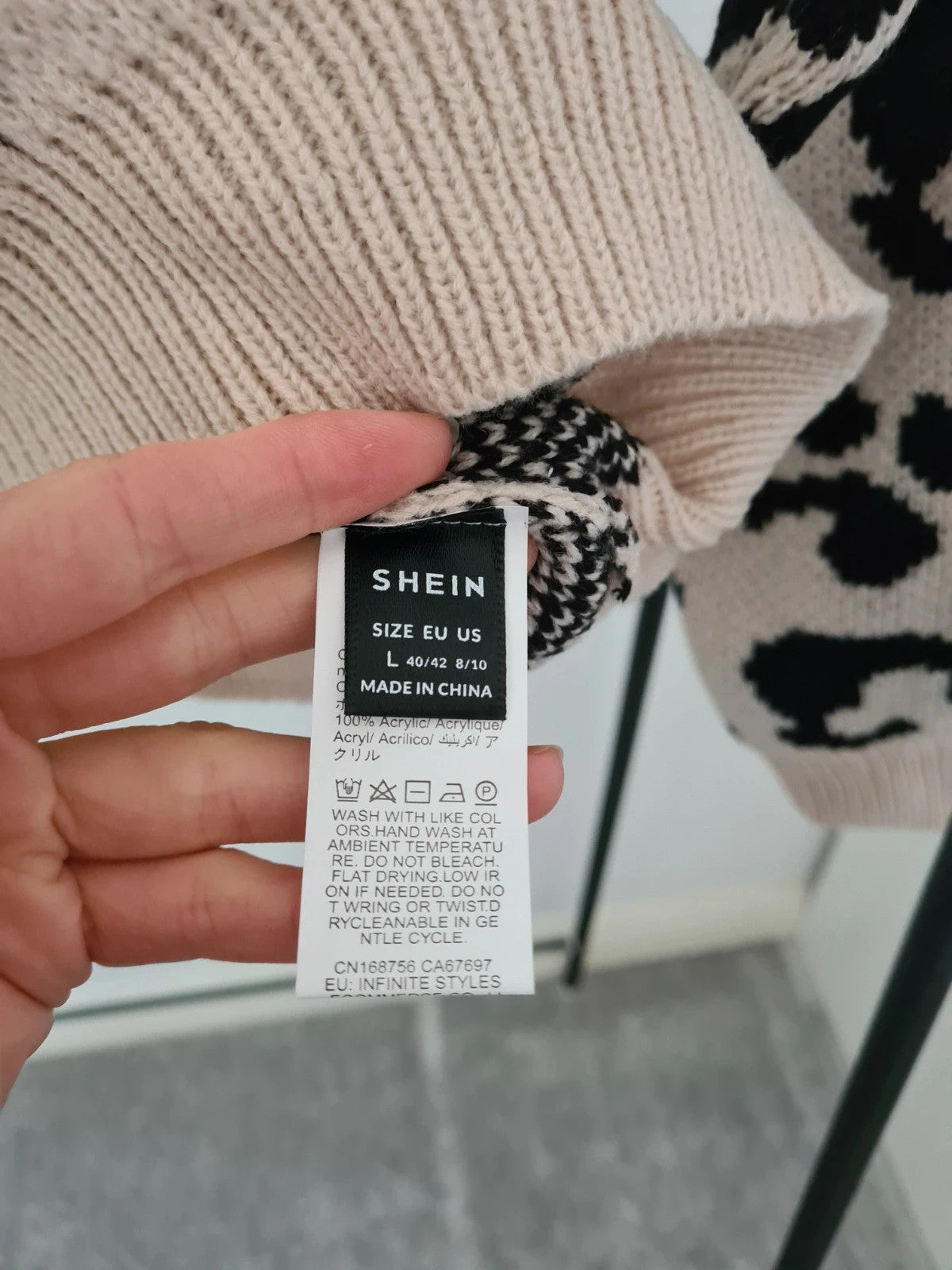 Shein women animal print cream turtleneck leopard high neck jumper knitt sweater casual L/12