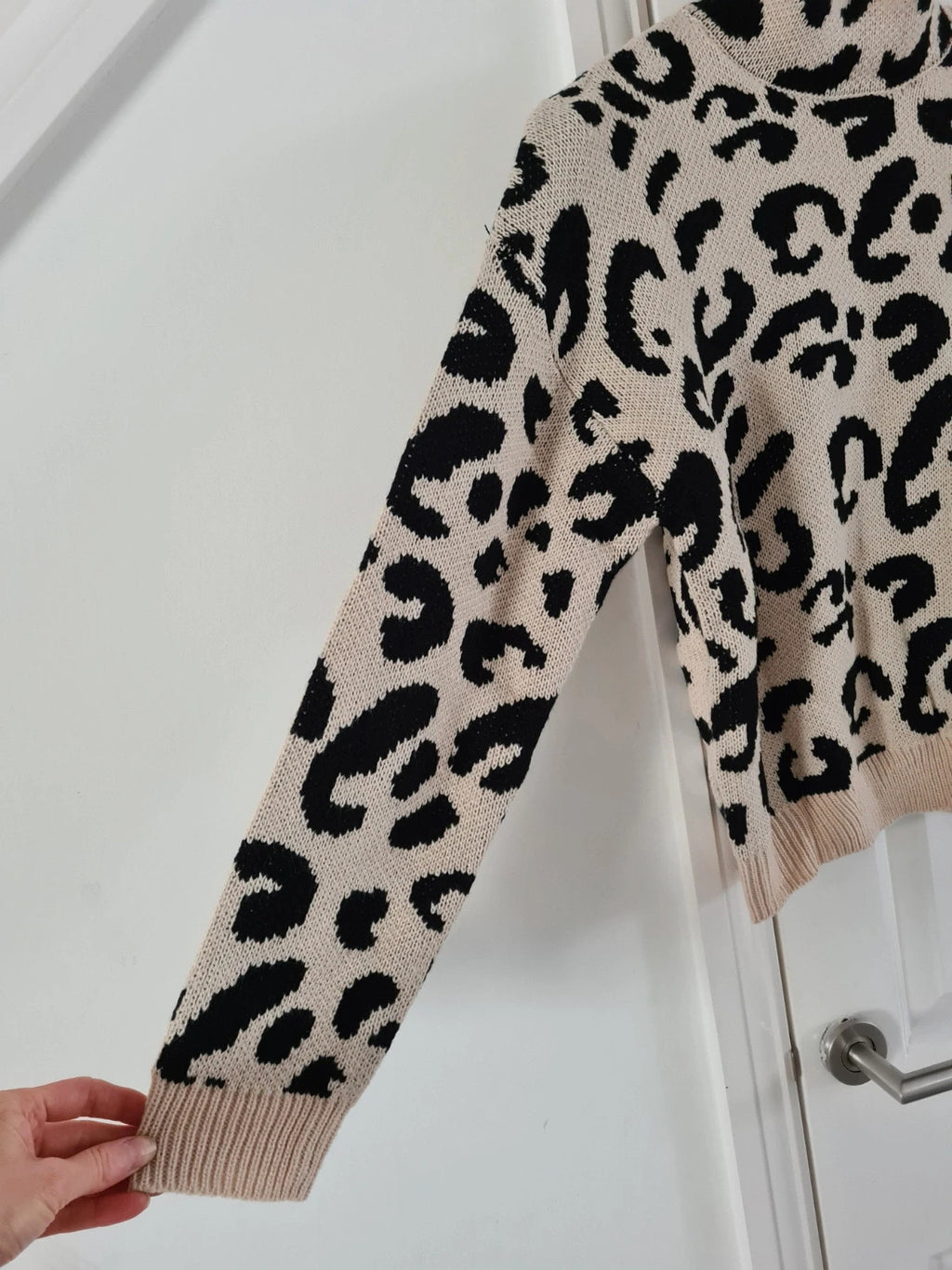 Shein women animal print cream turtleneck leopard high neck jumper knitt sweater casual L/12