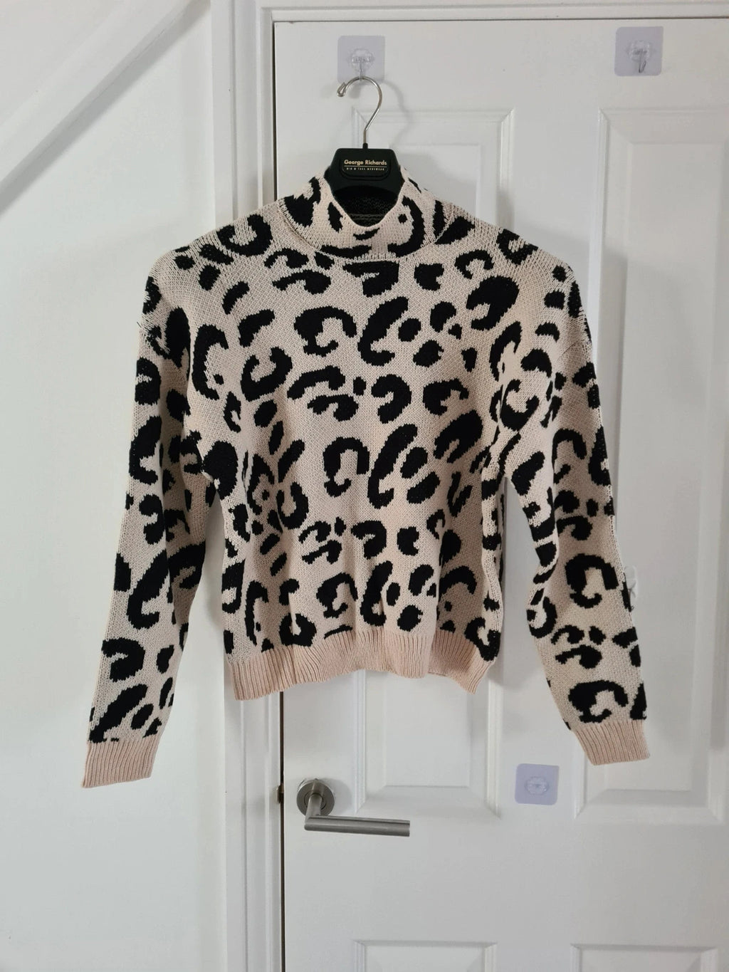 Shein women animal print cream turtleneck leopard high neck jumper knitt sweater casual L/12