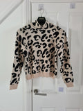 Shein women animal print cream turtleneck leopard high neck jumper knitt sweater casual L/12