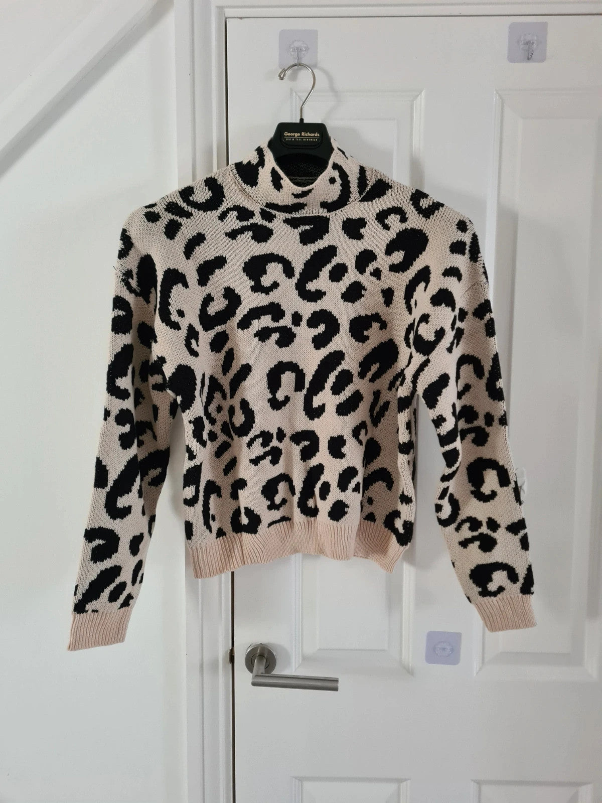 Shein women animal print cream turtleneck leopard high neck jumper knitt sweater casual L/12